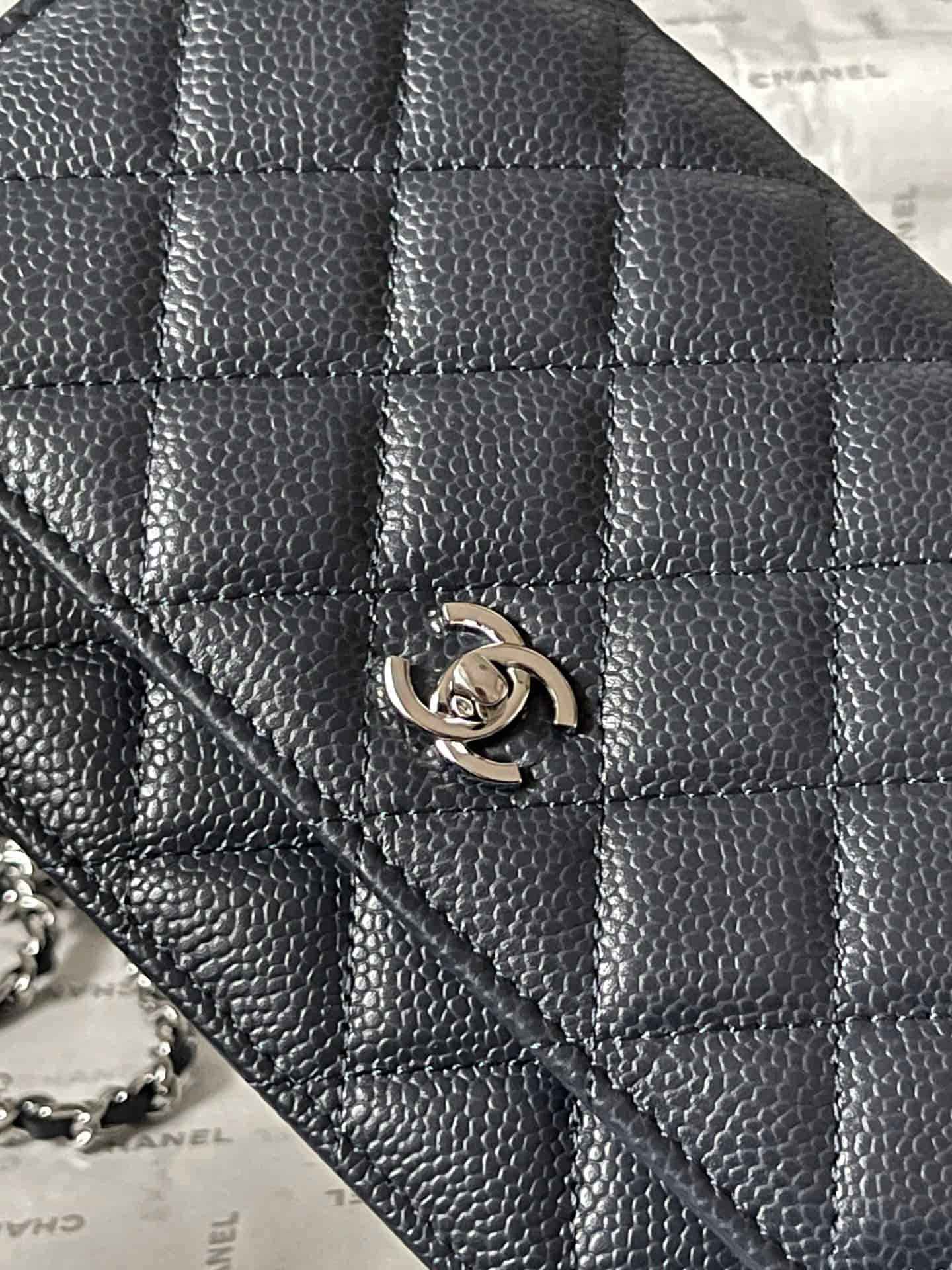 Chanel Classic Wallet on Chain Grained Shiny Calfskin & Silver-Tone Metal AP4241 Dark Blue A