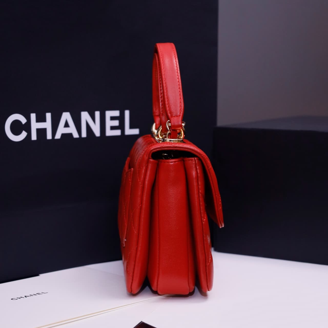 Chanel MINI FLAP BAG WITH TOP HANDLE AS4654 Lambskin &Gold-Tone Metal Red A