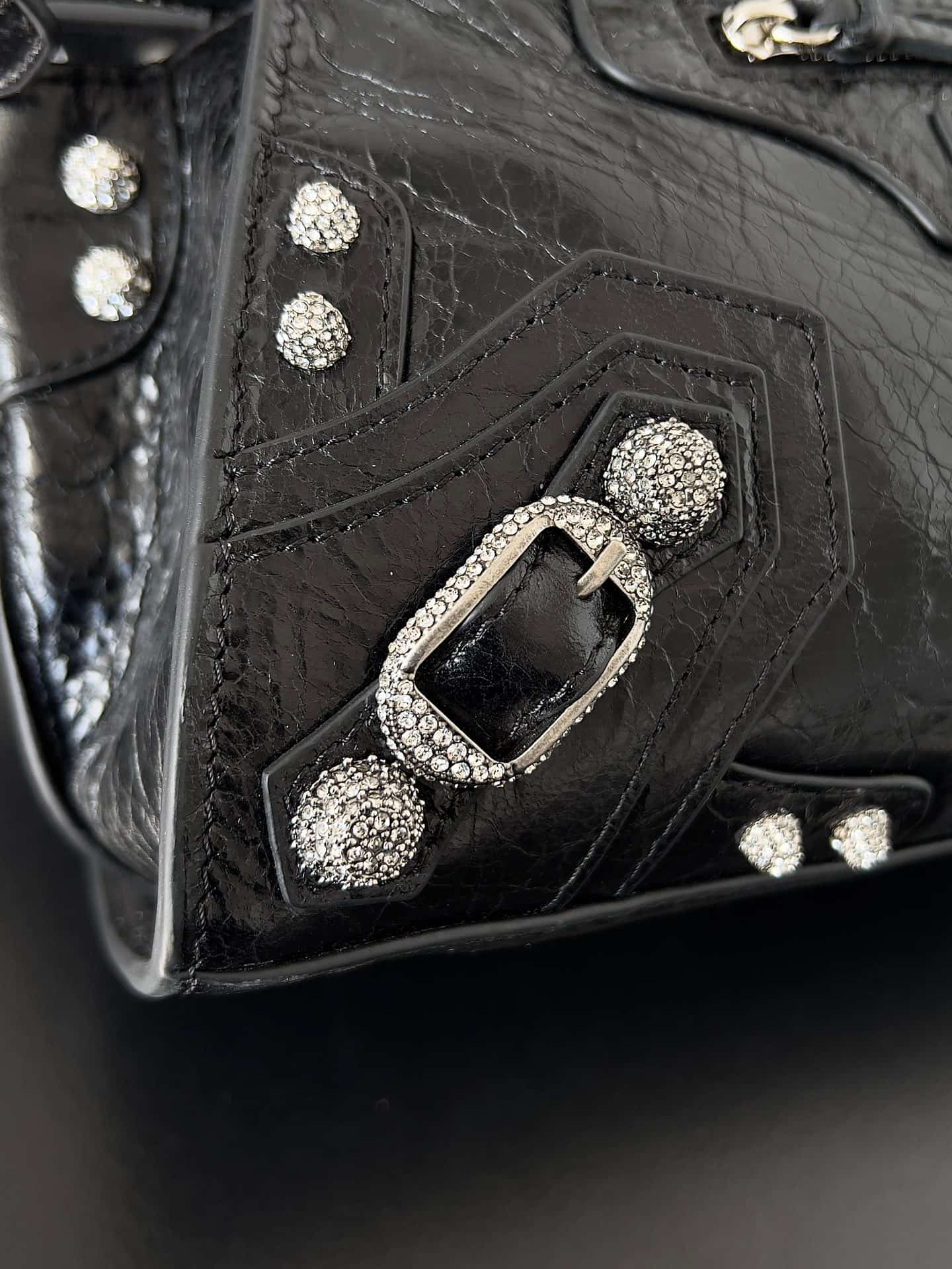 Balenciaga Small Neo Cagole City bag in Black lambskin leather with crystal rhinestones High
