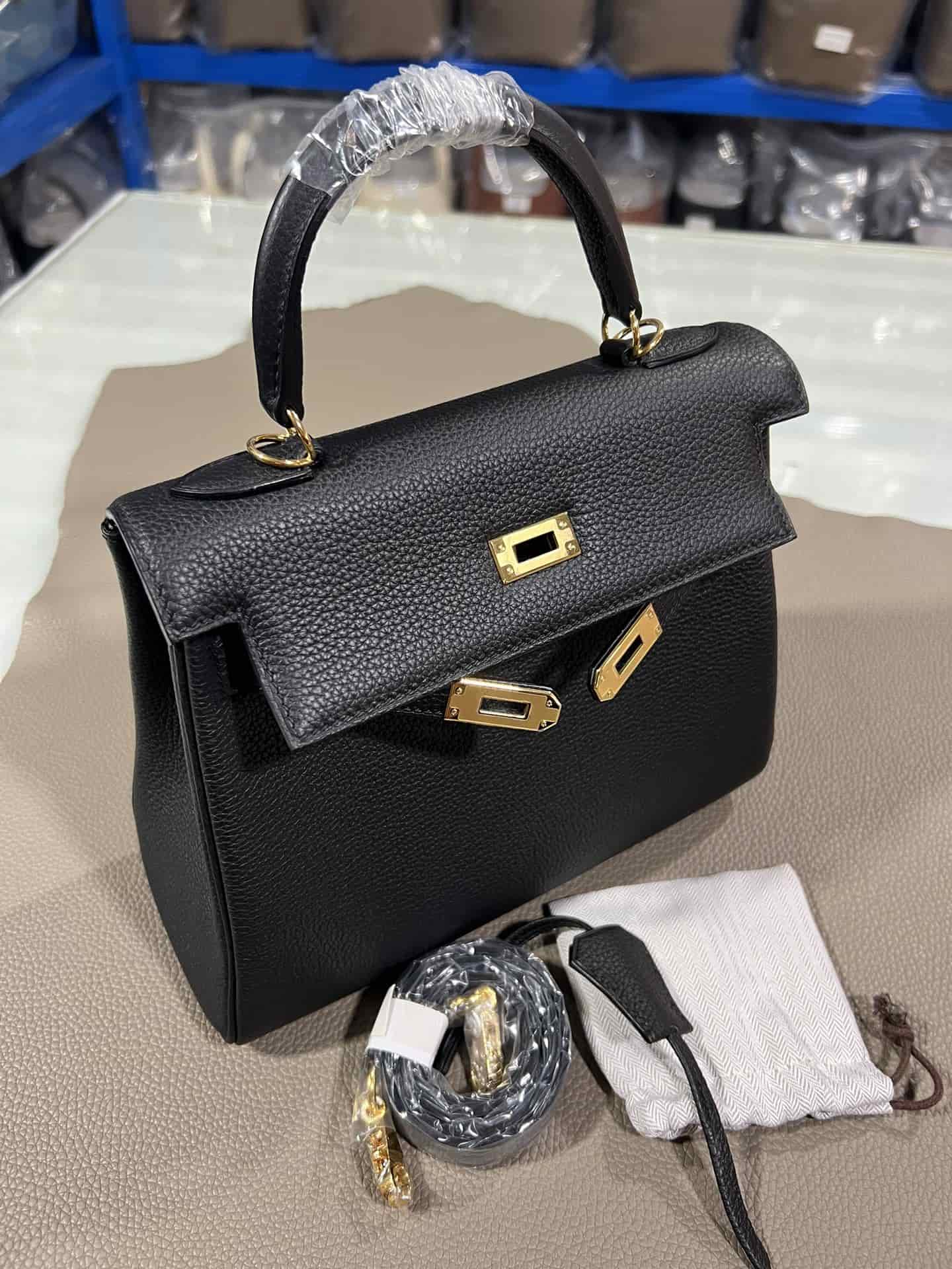 Hermes Kelly 25/28/32cm Retourne Bag Togo Leather In Black WAX High