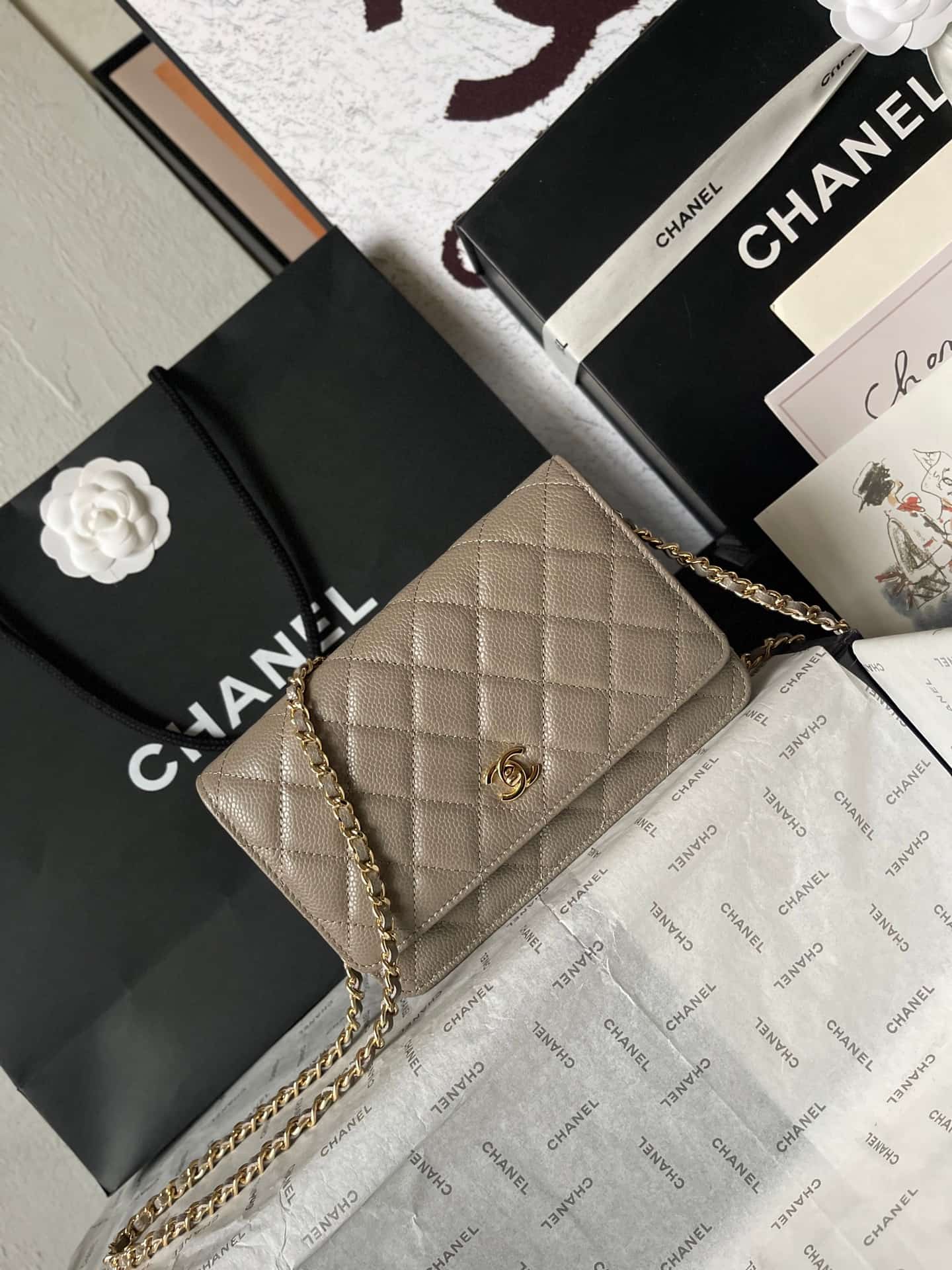 Chanel Classic Wallet on Chain Grained Shiny Calfskin & Gold-Tone Metal AP4241 Grey A