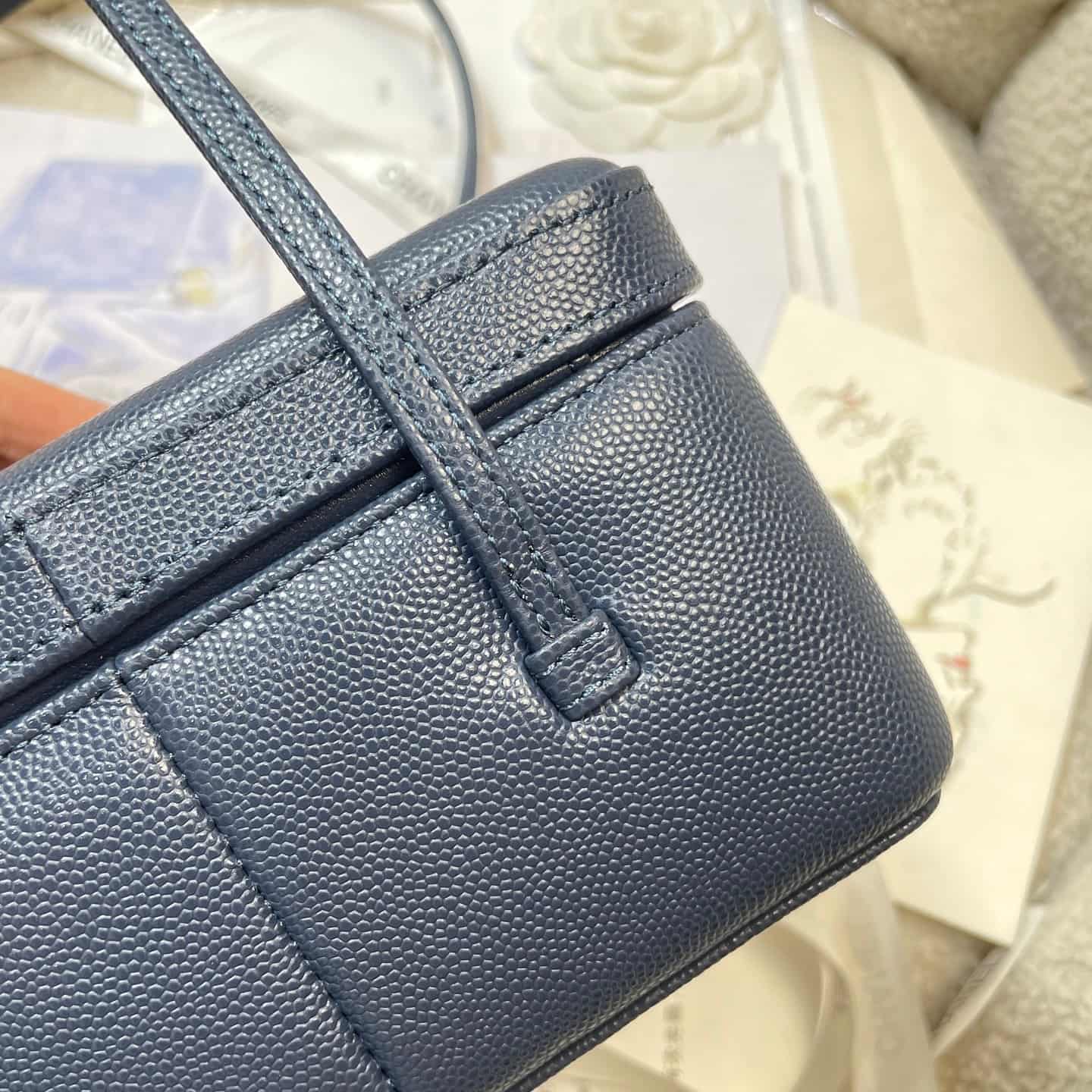 Chanel Long Vanity with Leather Strap Grained Shiny Calfskin & Gold-Tone Metal Navy Blue AP5067 A