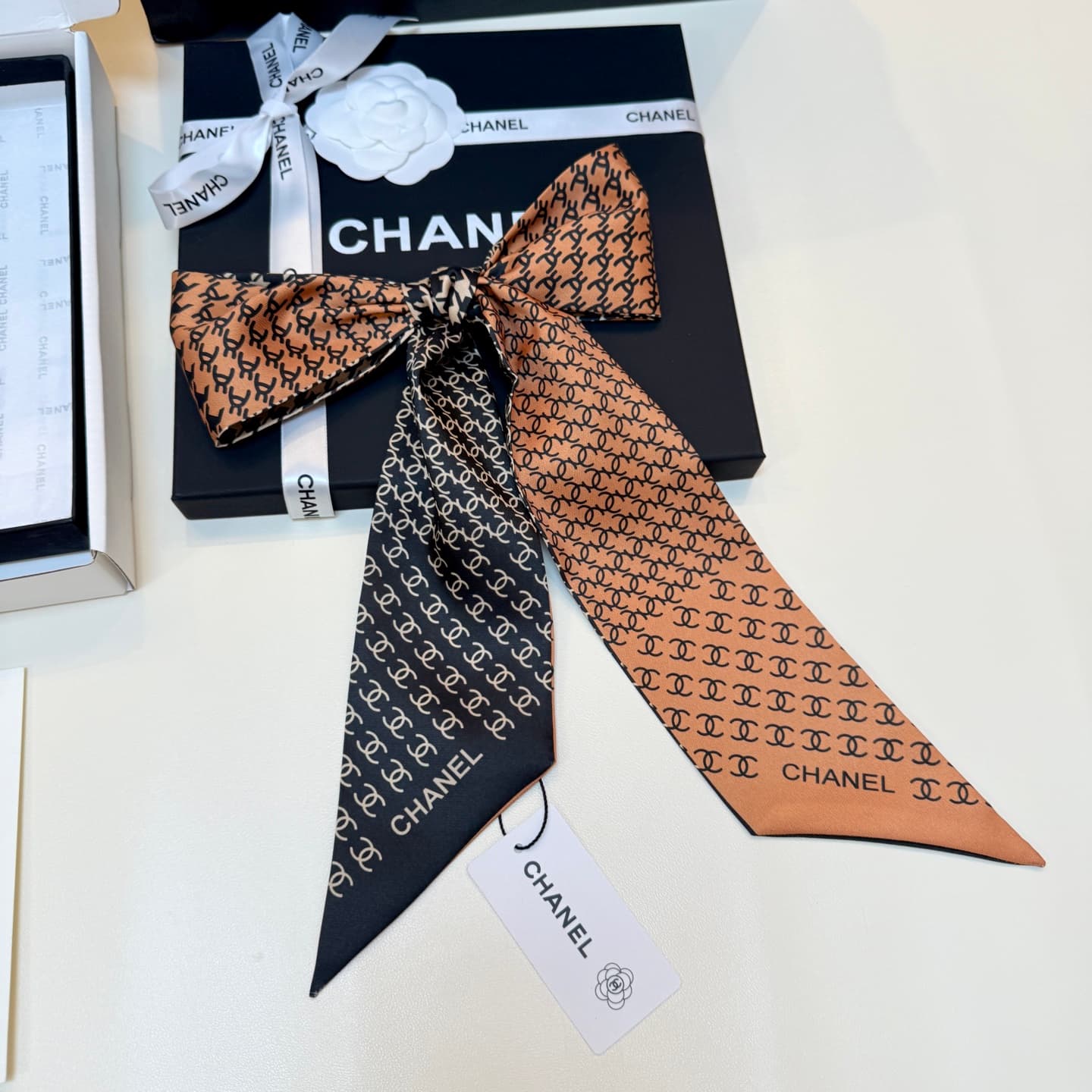 Chanel Silk Twill Houndstooth Slim Bandeau Scarf