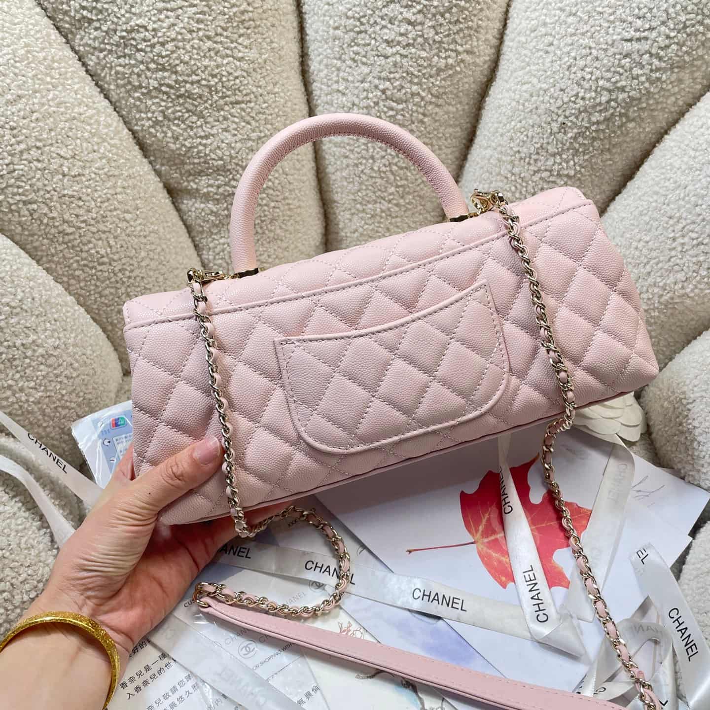 Chanel Maxi Flap Bag with Top Handle Grained Calfskin& Gold-Tone Metal AS6091 Pink A