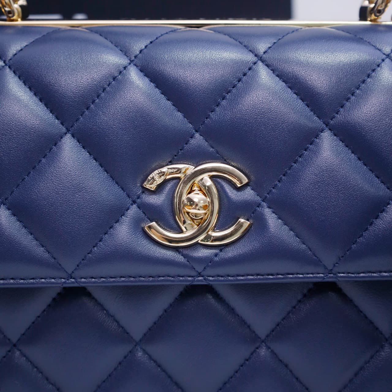 SMALL FLAP BAG WITH TOP HANDLE Lambskin Gold Metal Dark Blue A