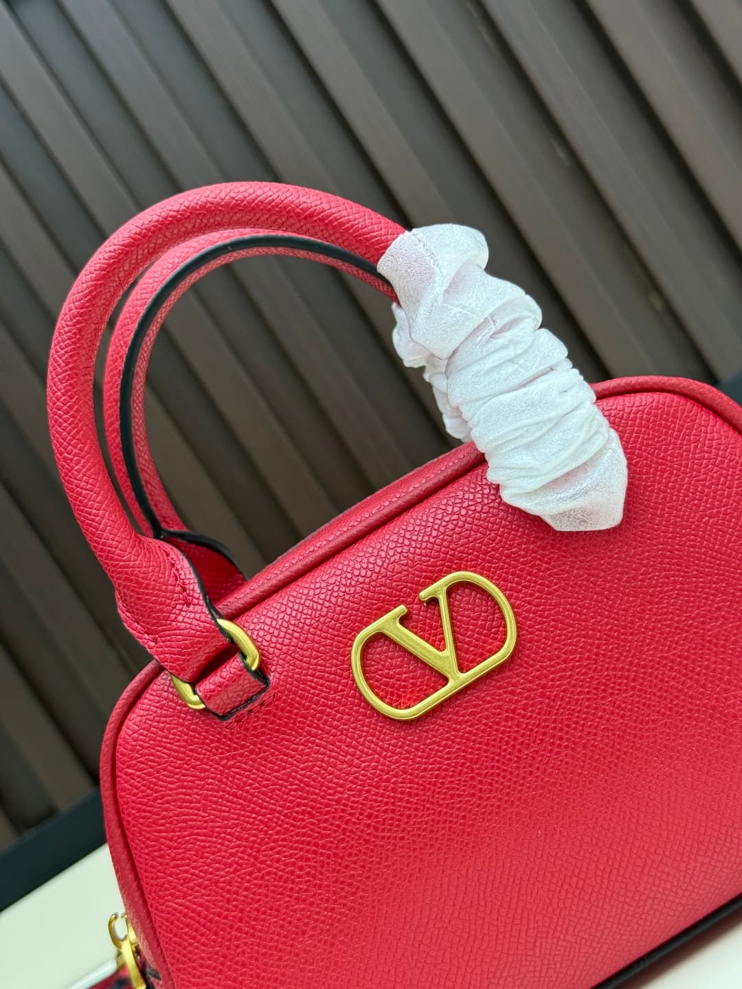 Valentino VLogo Signature Mini Bowling Bag in Grainy Calfskin Red High