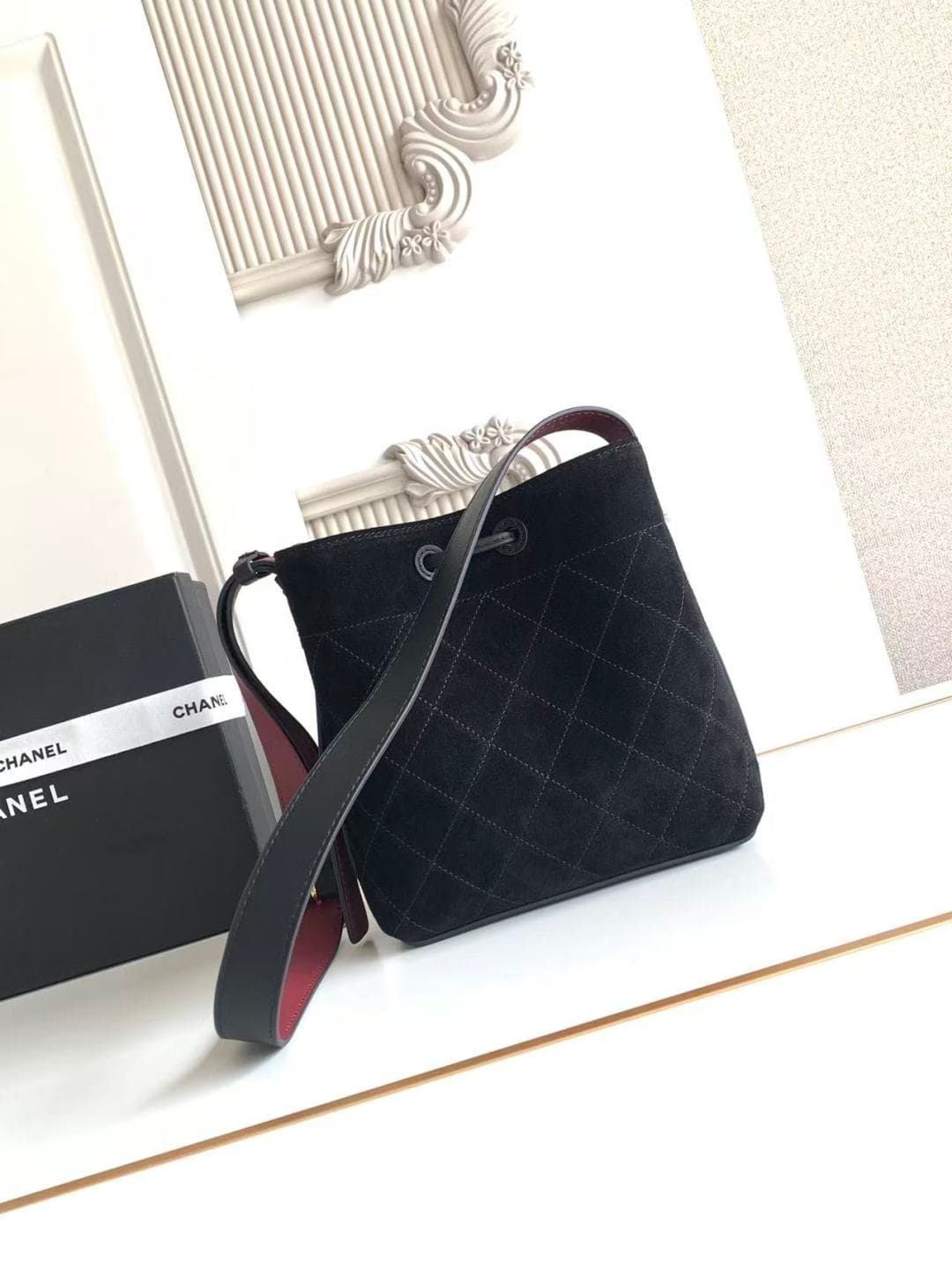 Chanel Small Bucket Bag Suede Calfskin & Gold-Tone Metal Black AS6537 A
