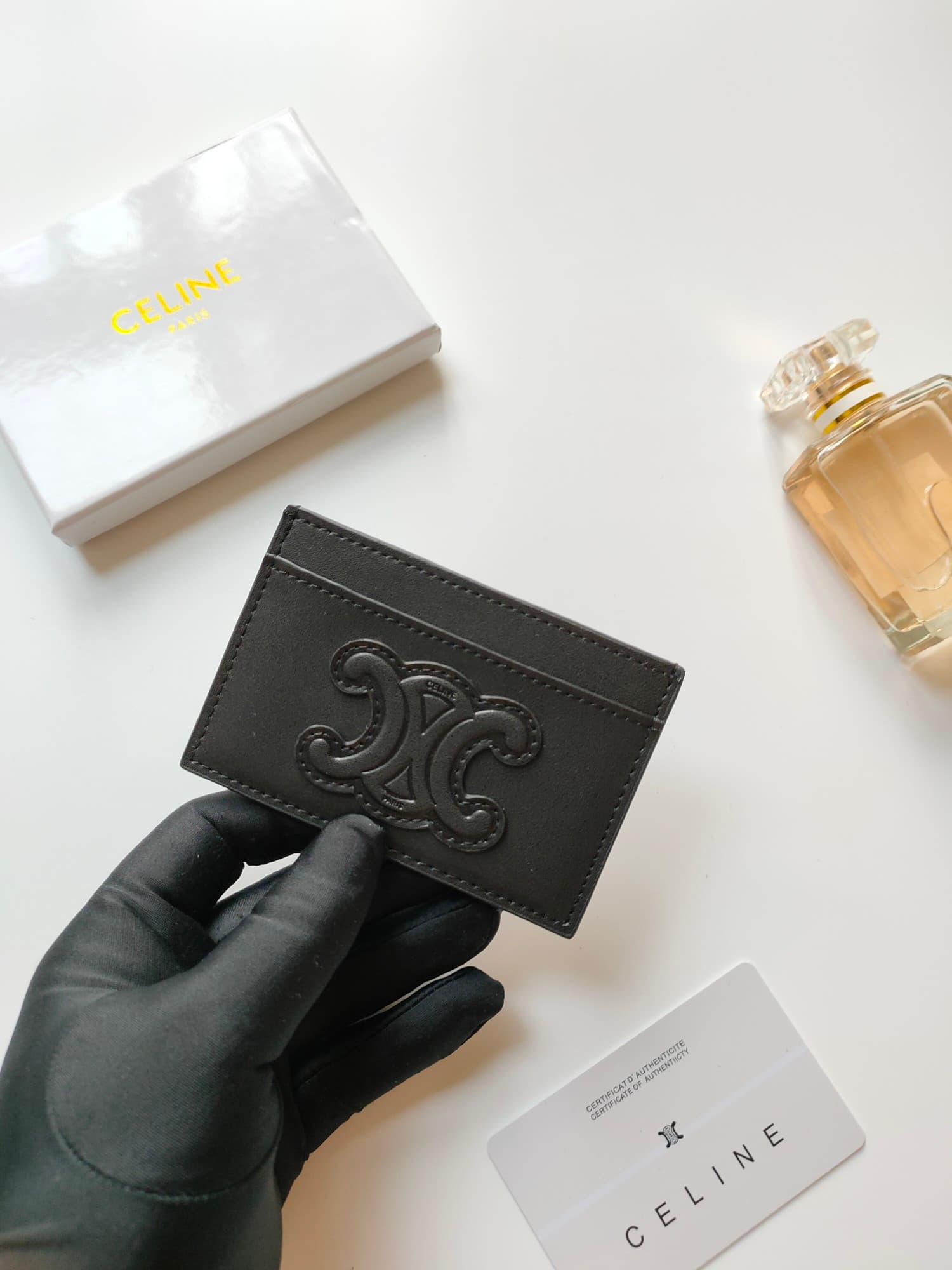 Celine Triomphe card holder in balck shiny calfskin leather 10B703 High