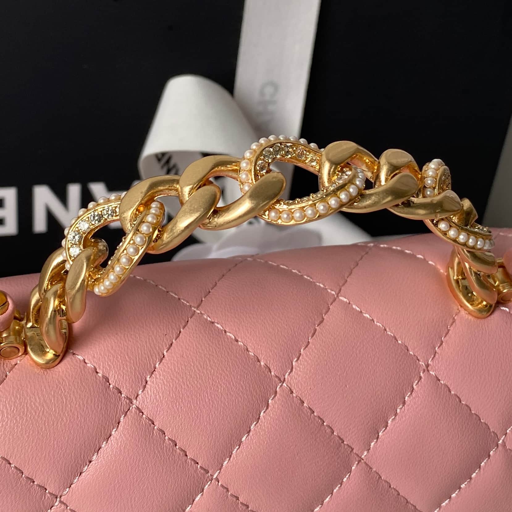 Chanel Mini Flap Bag with Top Handle Lambskin& Gold-tone Metal Light Pink AS5814 A