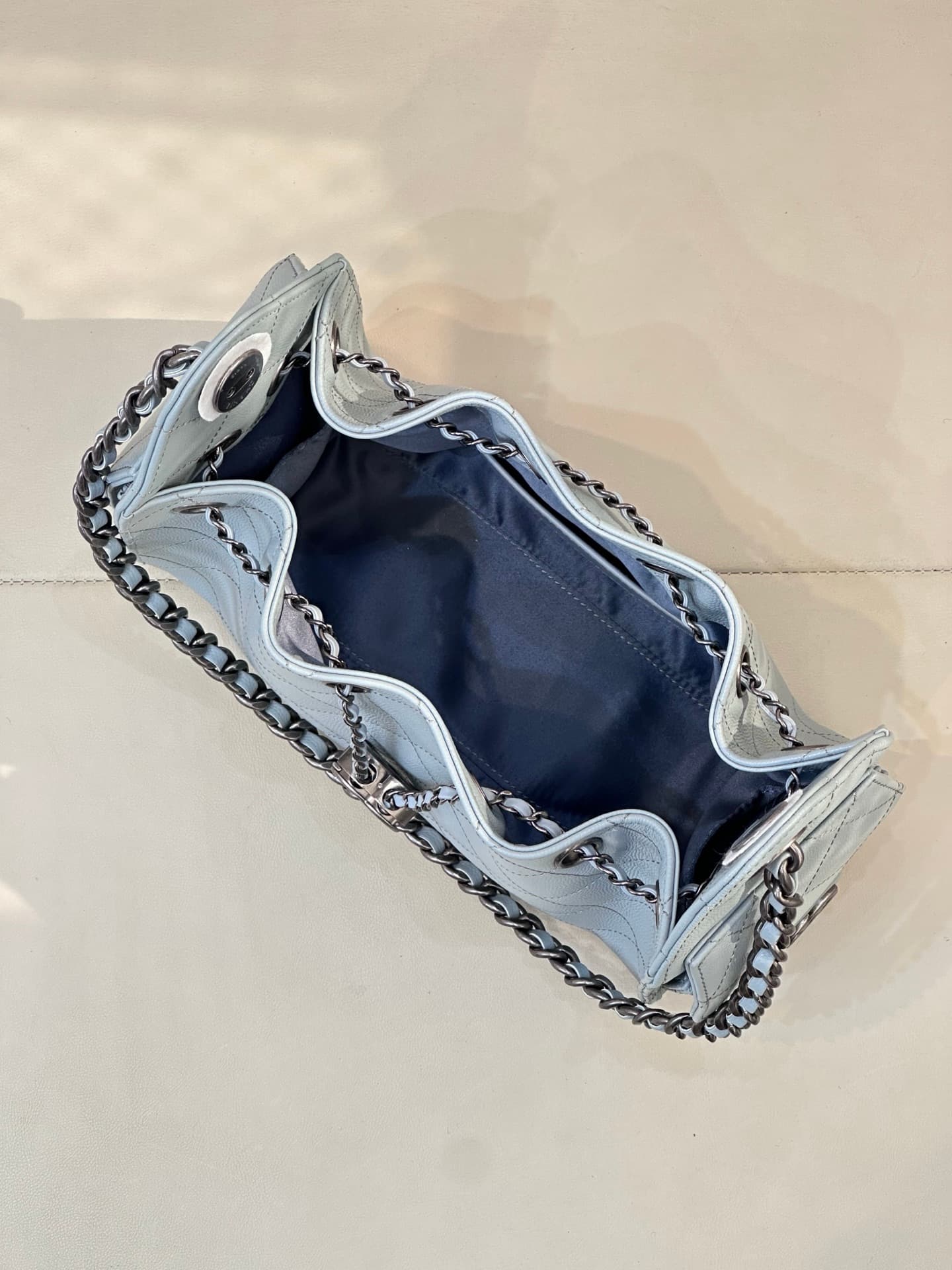 CHANEL 25 Mini Handbag AS5631 Grained Calfskin & Black & Silver-Tone Metal Light Blue TOP