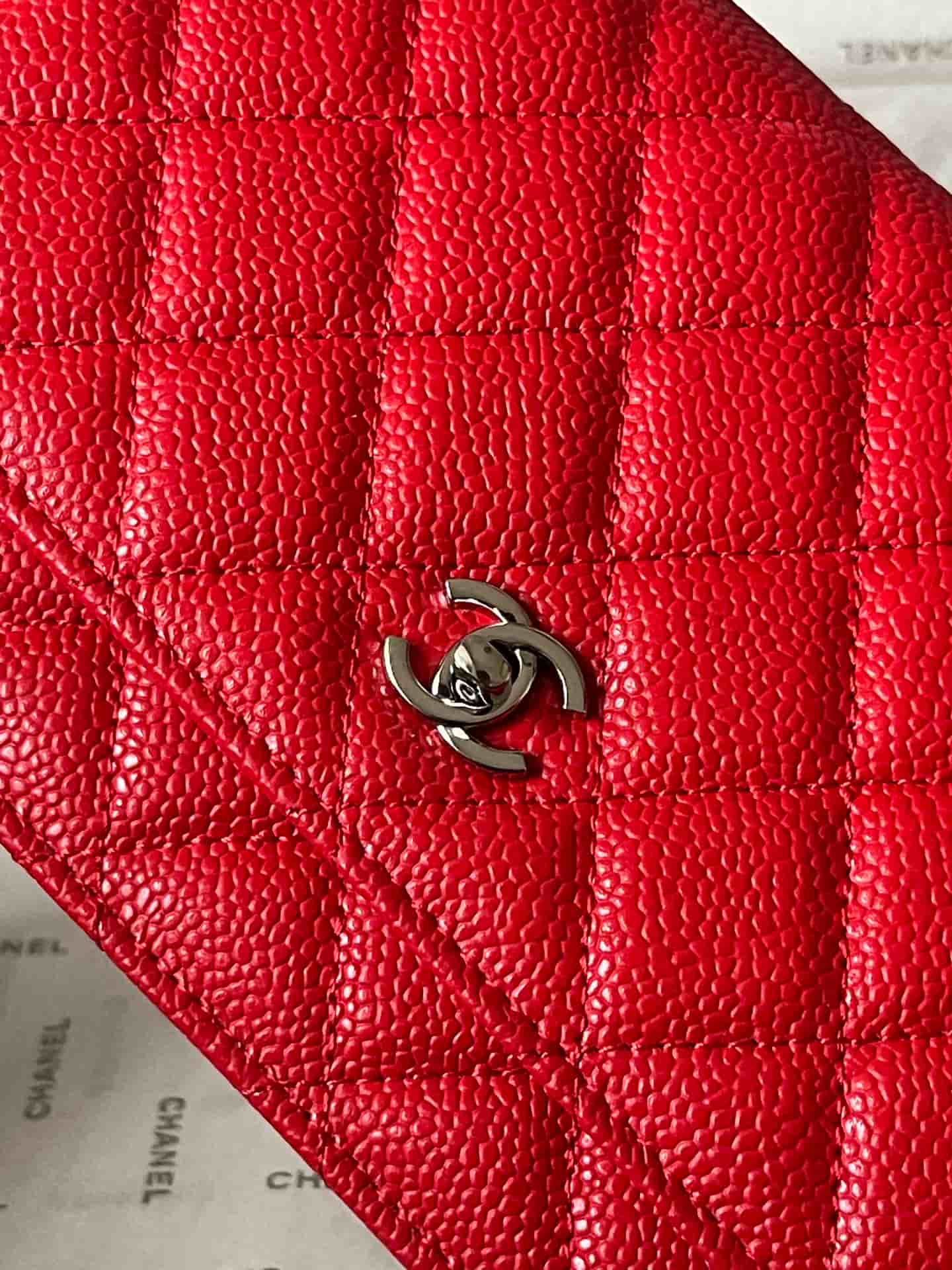 Chanel Classic Wallet on Chain Grained Shiny Calfskin & Silver-Tone Metal AP4241 Red A