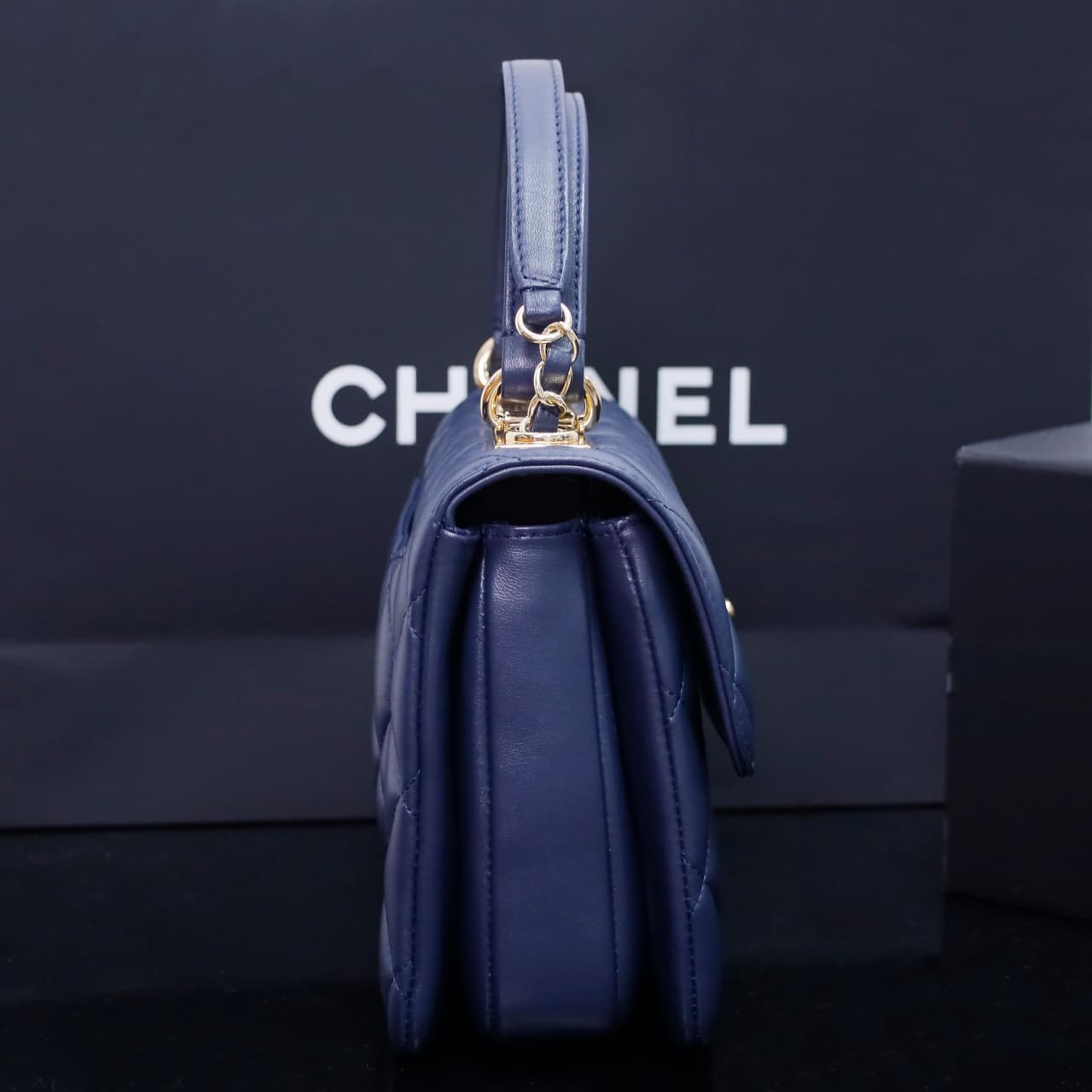 SMALL FLAP BAG WITH TOP HANDLE Lambskin Gold Metal Dark Blue A