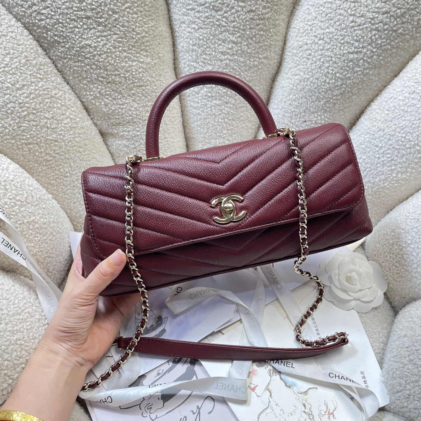 Chanel Maxi Flap Bag with Top Handle Calfskin& Gold-Tone Metal AS6091 Claret A