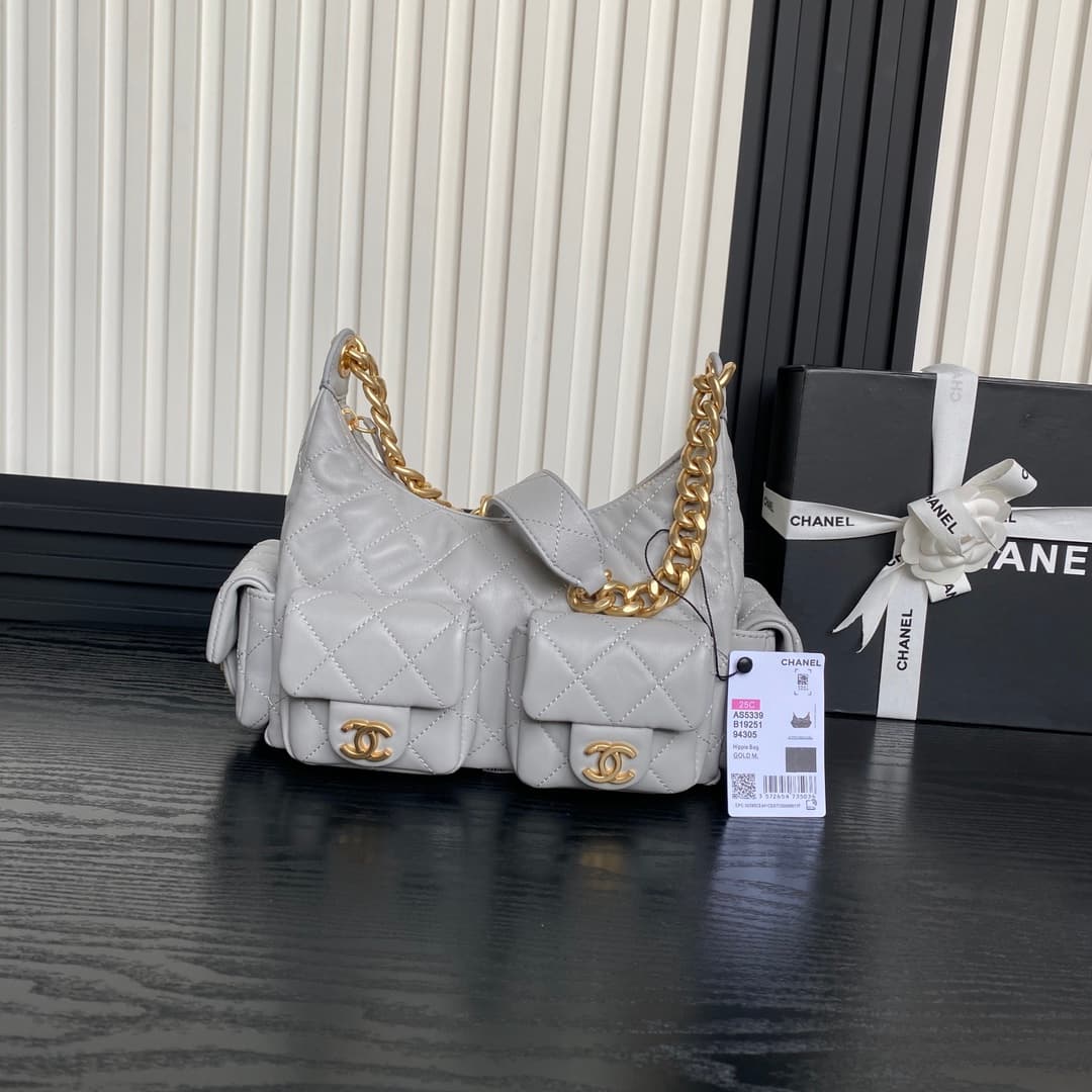 Chanel Trendy Pockets Hobo Bag Lambskin & Gold Metal Grey AS5339 A