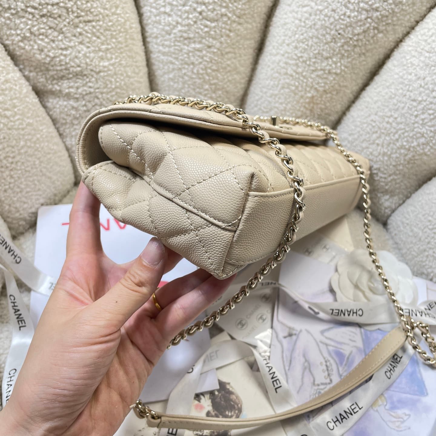 Chanel Maxi Flap Bag with Top Handle Grained Calfskin& Gold-Tone Metal AS6091 Beige A