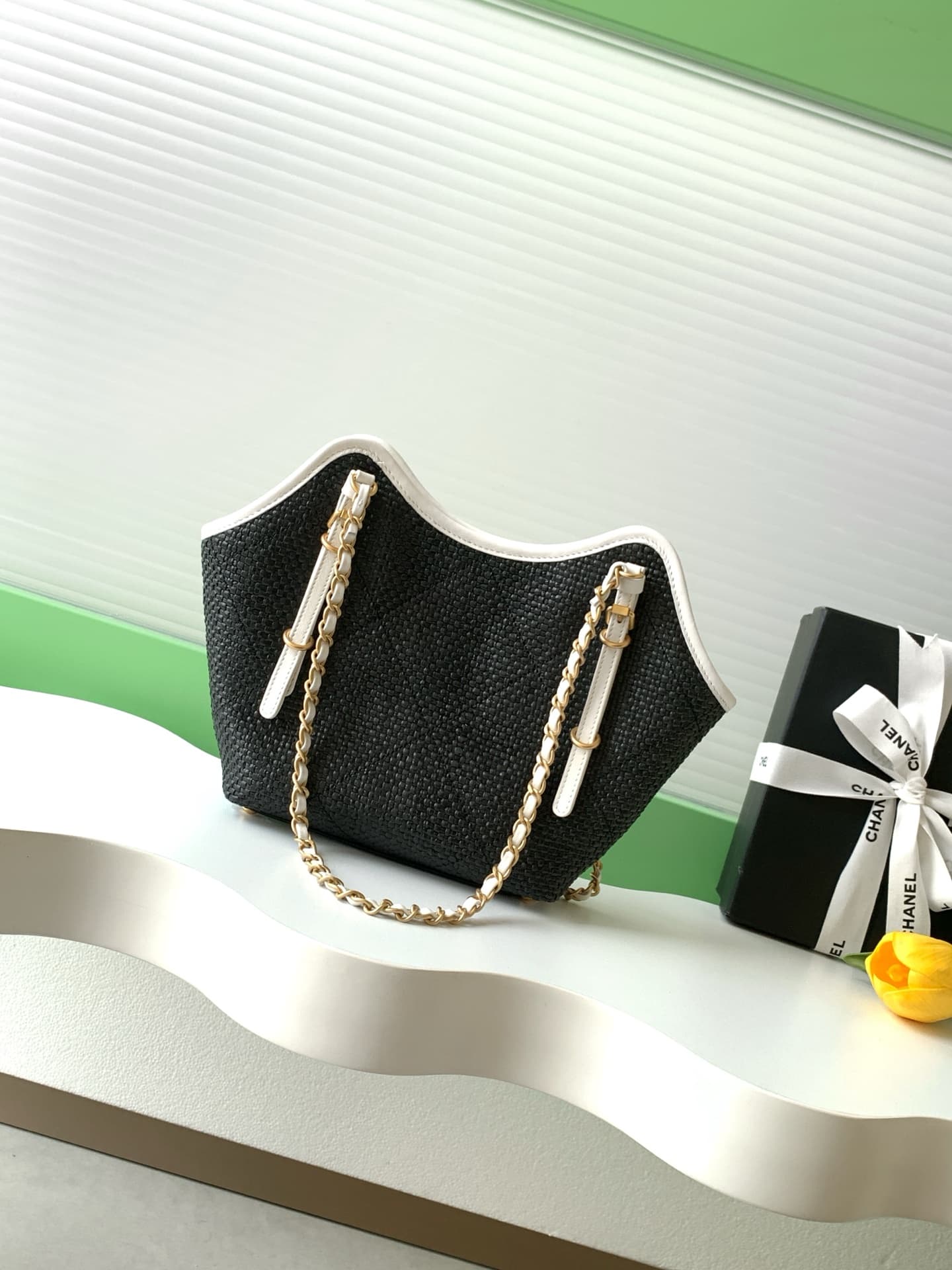 Chanel Shopping Bag Braided Raffia Calfskin & Gold-Tone Metal Black & White AS6015 A