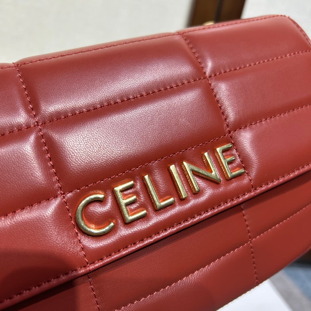Celine Matelasse Monochrome Chain Shoulder Bag Red High