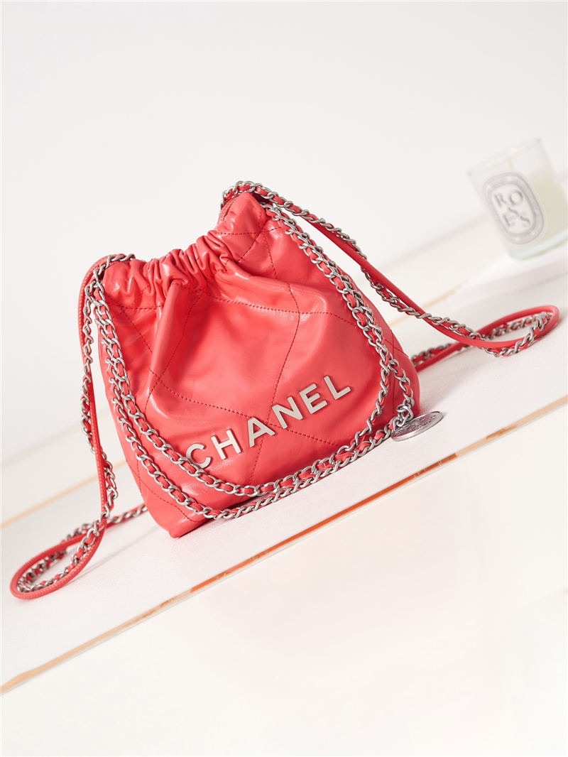 Chanel 22 MINI HANDBAG Shiny Calfskin Coral & Silver-Tone Metal AS3980 A