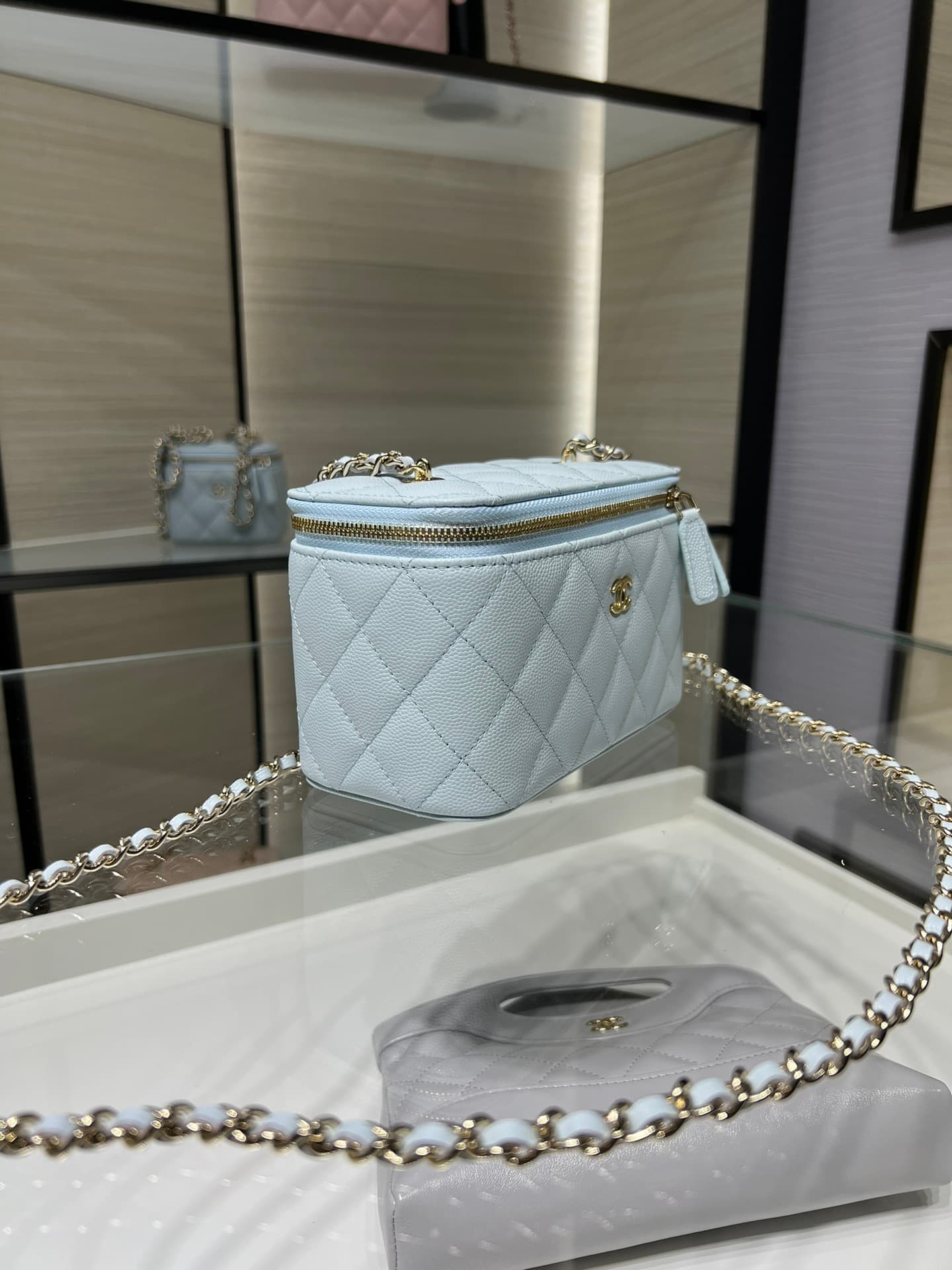Chanel Classic Long Vanity with Chain Grained Calfskin & Gold-Tone Metal Light Blue AP1341 High