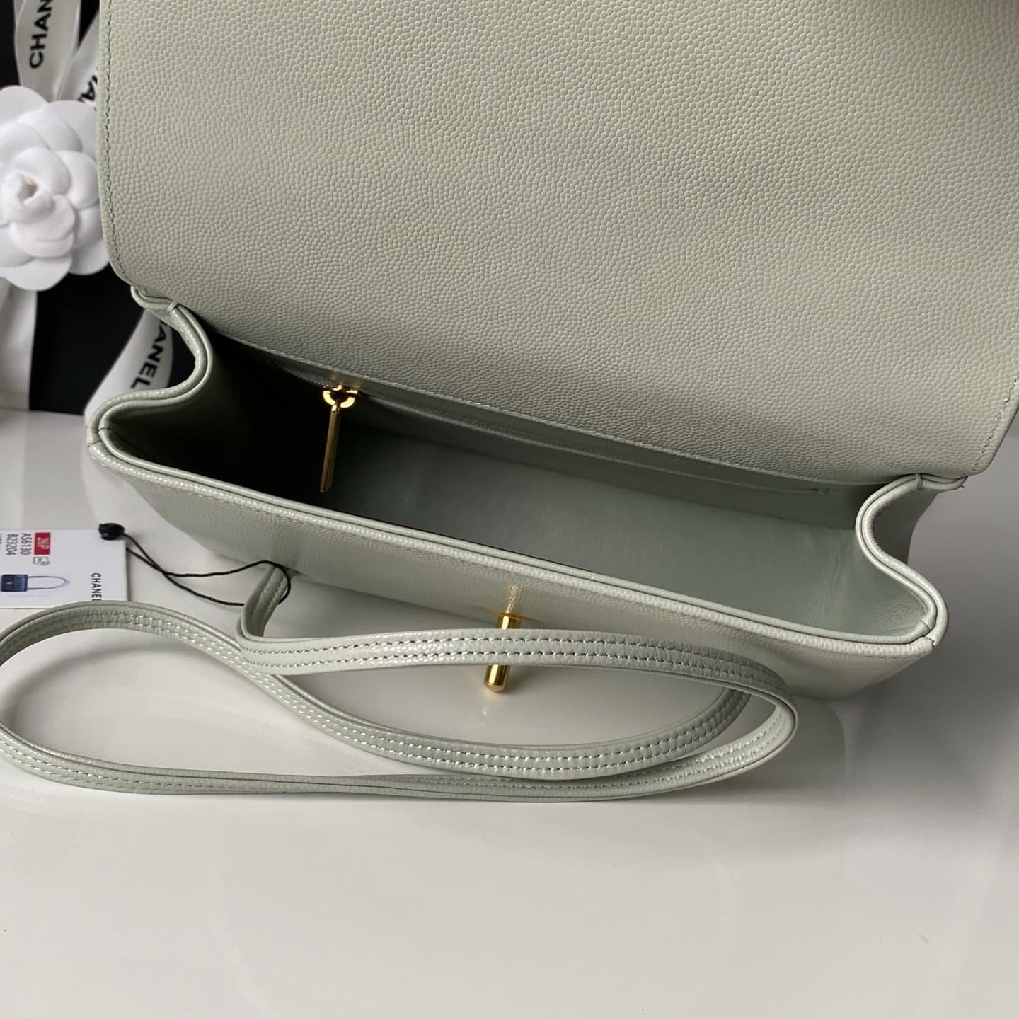 Chanel Small Flap Bag Grained Shiny Calfskin & Gold-Tone Metal AS6130 Gray-green High