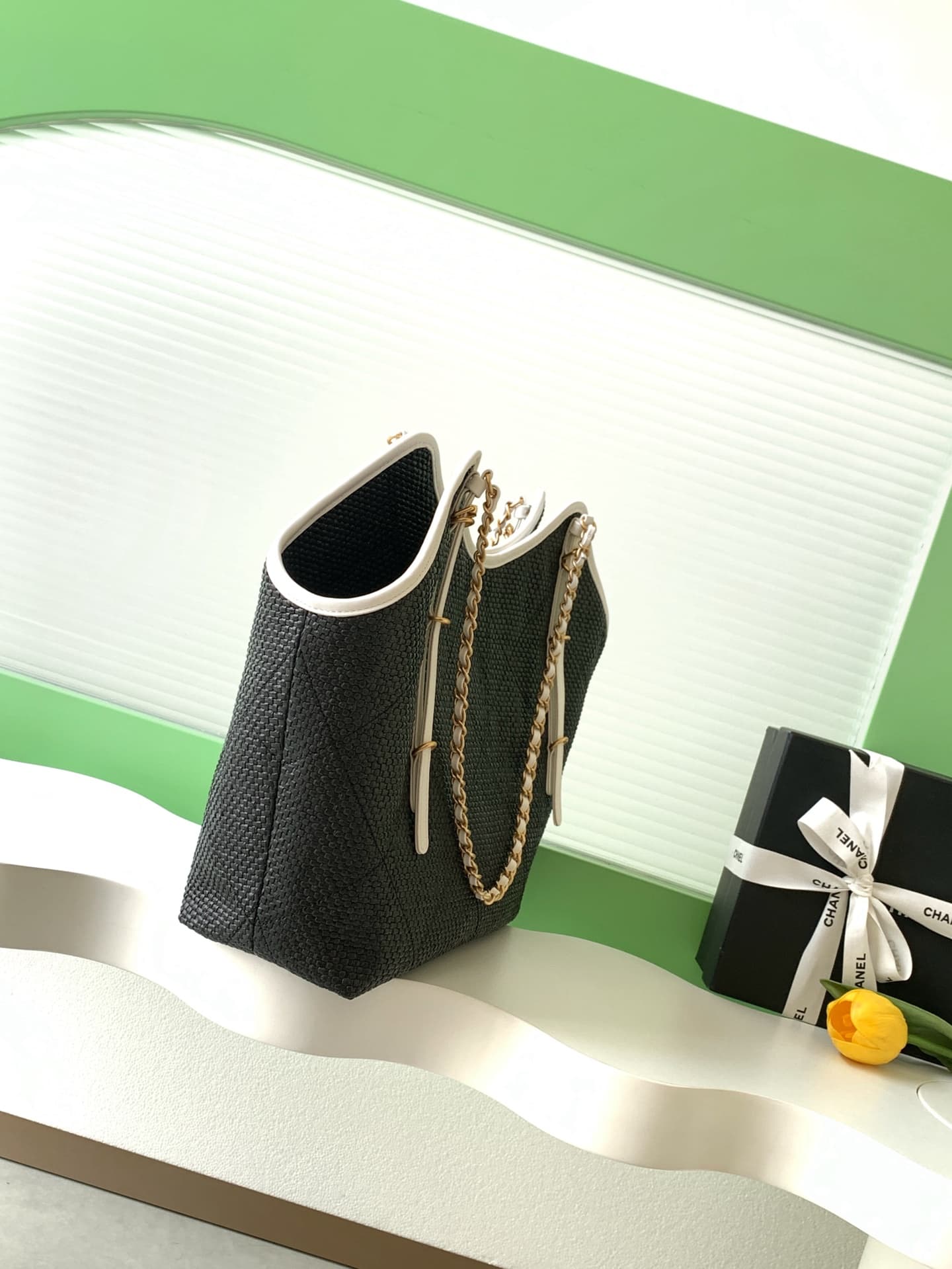 Chanel Shopping Bag Braided Raffia Calfskin & Gold-Tone Metal Black & White AS5466 A