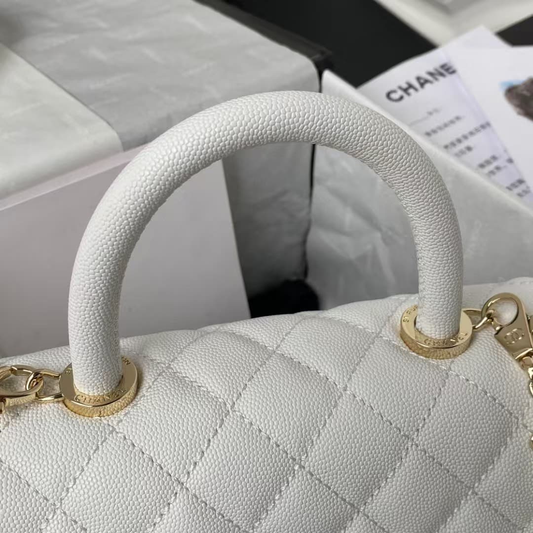 FLAP BAG WITH TOP HANDLE Grained Calfskin & Gold-Tone Metal A92990 White A