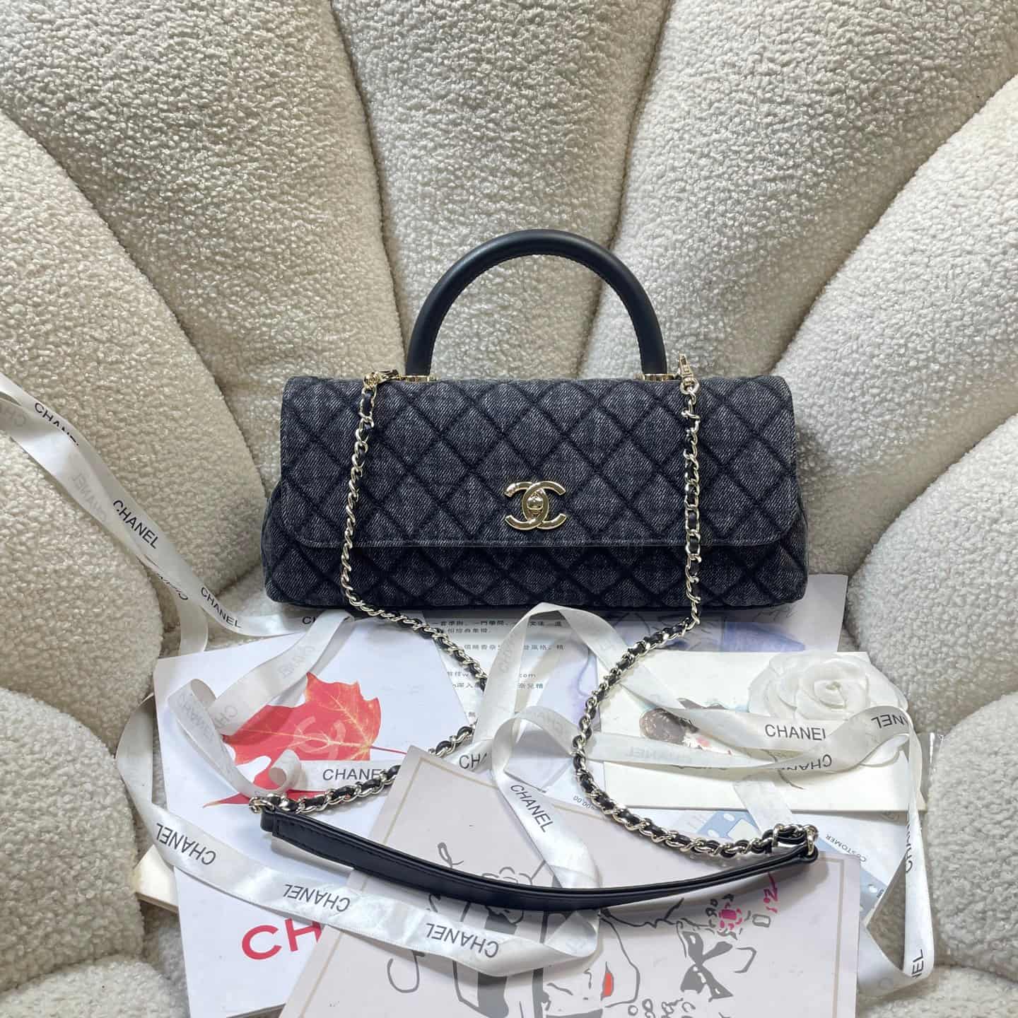 Chanel Maxi Flap Bag with Top Handle Washed Denim& Gold-Tone Metal AS6091 Black A