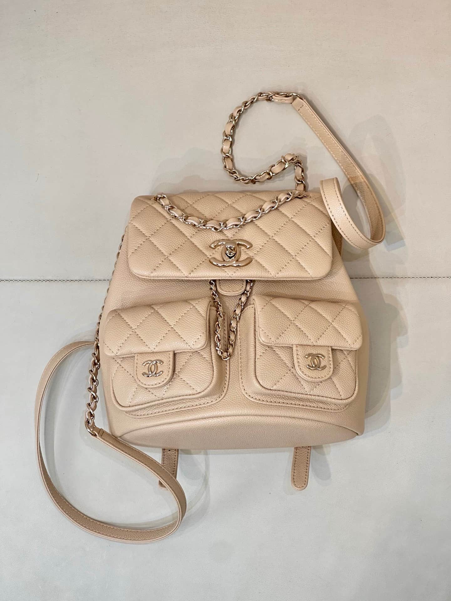 Chanel BACKPACK AS3860 Grained Shiny Calfskin & Gold-Tone Metal Beige TOP