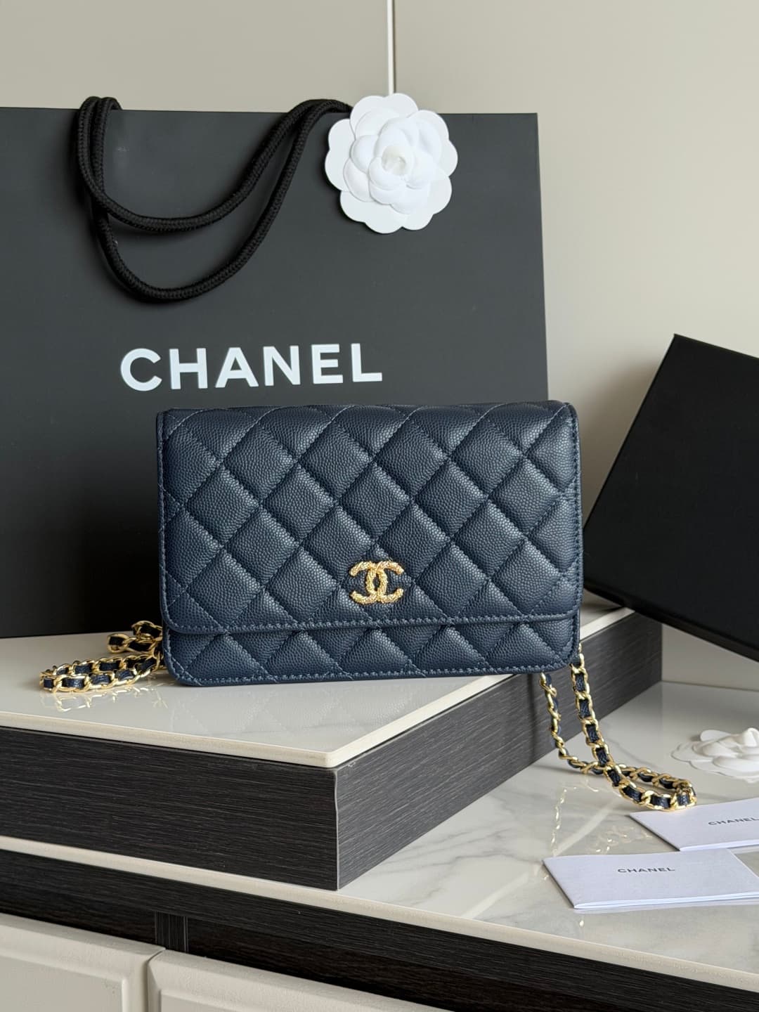 Chanel Wallet on Chain Shiny Grained Calfskin Strass & Gold-Tone Metal Dark Blue AP5073 High