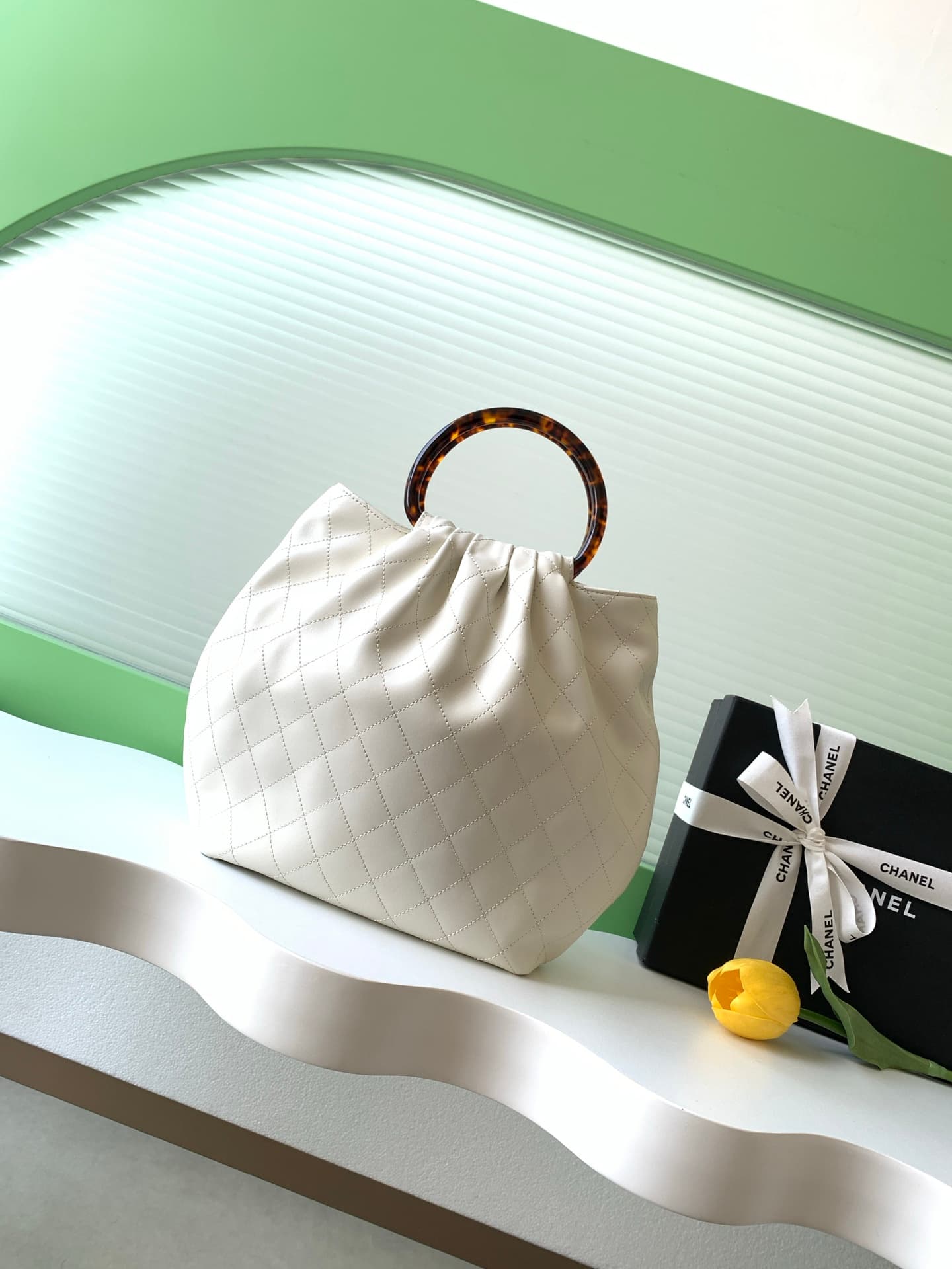 Chanel Medium Hobo Bag Lambskin-Shell Effect Plexi & Gold-Tone Metal White AS6010 High