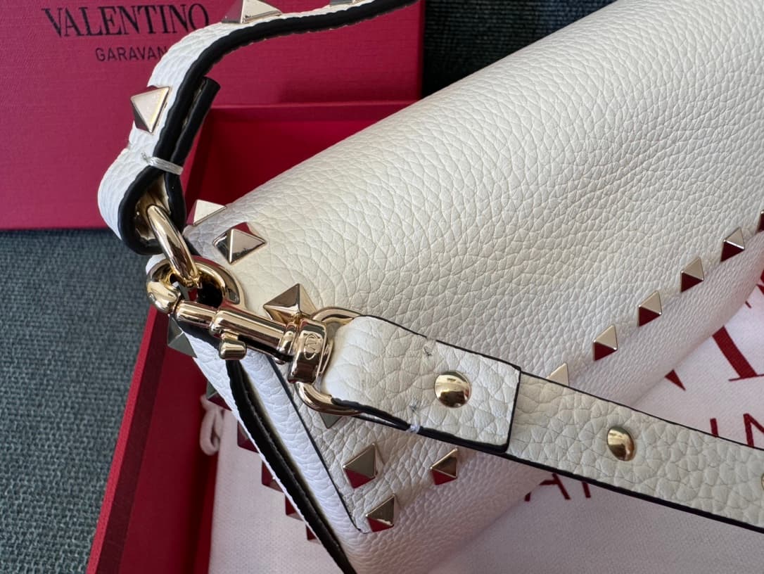 Valentino Garavani Mini Rockstud Grainy Leather Crossbody Bag in White High