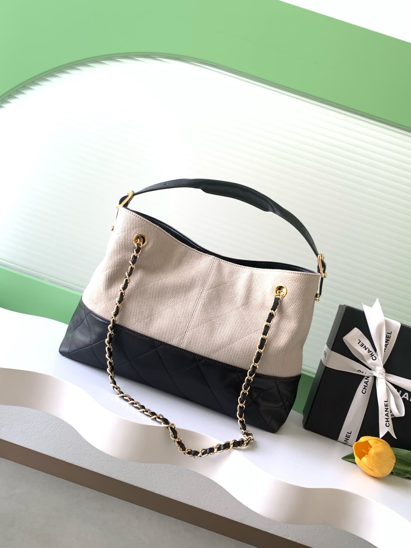 Chanel Small Shopping Bag Calfskin With Canvas& Gold-Tone Metal AS5634 A