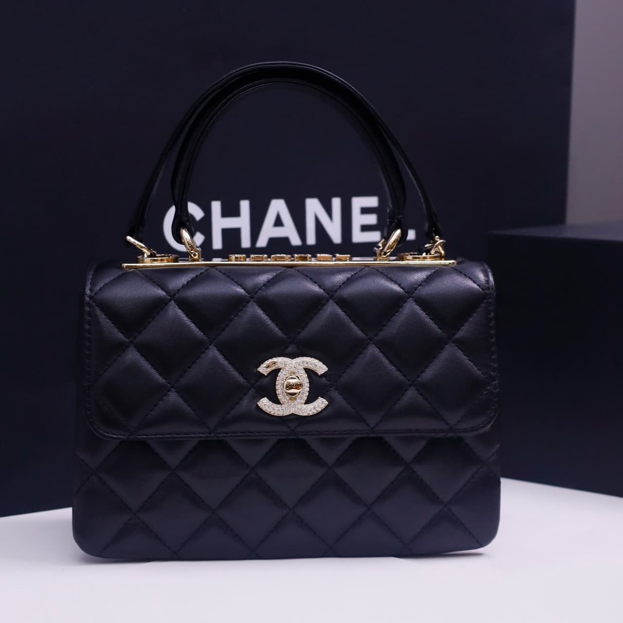 Chanel MINI FLAP BAG WITH TOP HANDLE AS4654 Lambskin &Gold-Tone Metal Black A