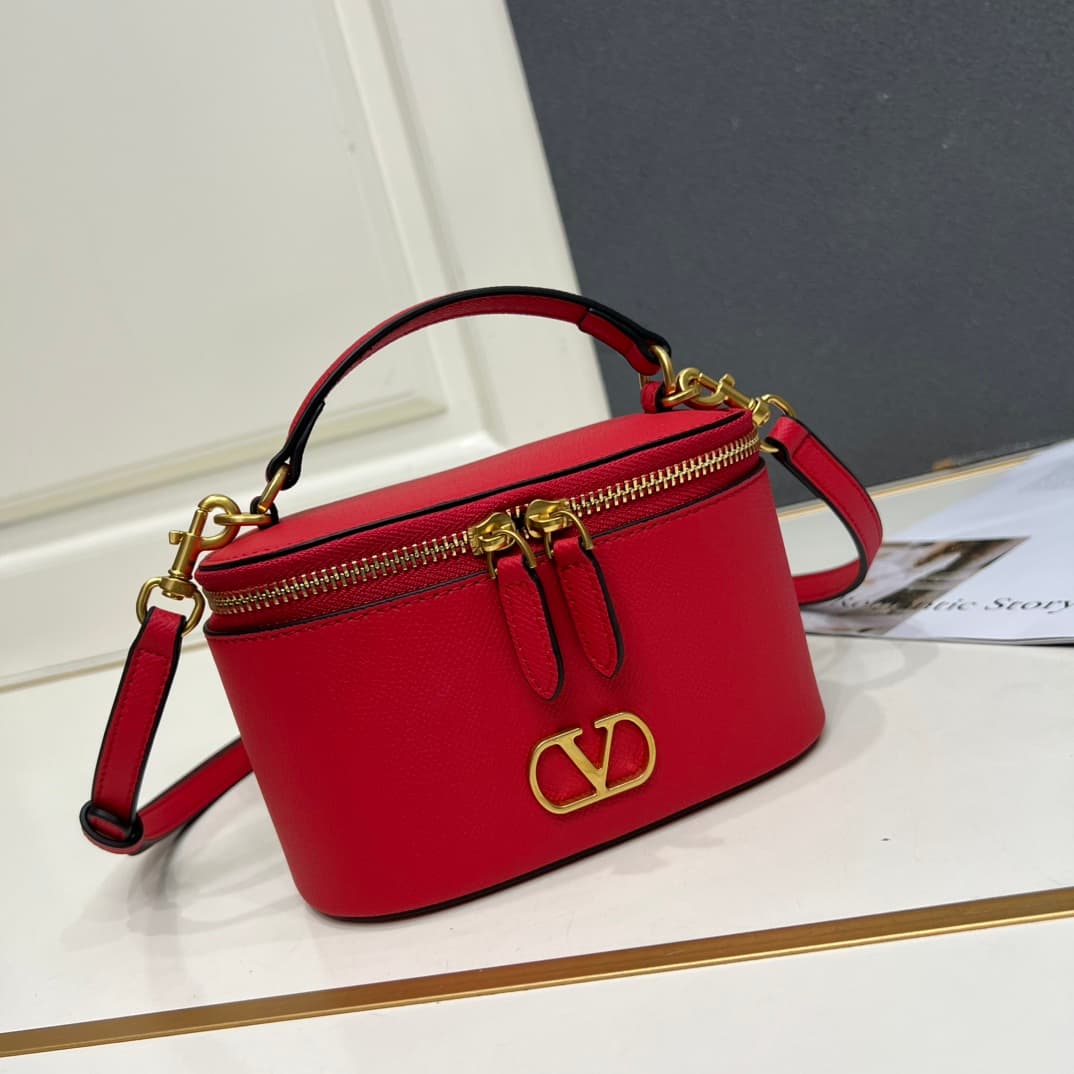 Valentino Garavani VLogo Signature Mini Vanity Bag in Red Calfskin Mid