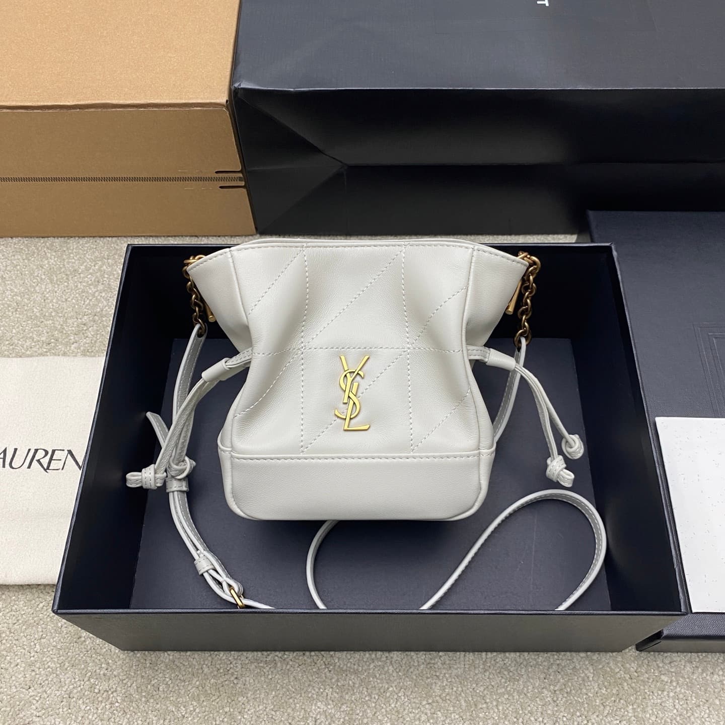 Saint Laurent Jamie Mini Leather Bucket Bag White Lambskin 859174 High