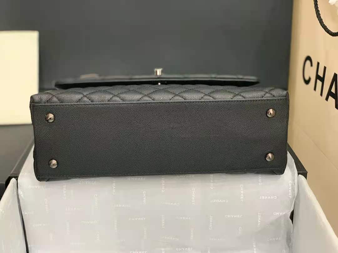 Medium FLAP BAG WITH TOP HANDLE Grained Calfskin Black Pewter-Tone Metal High