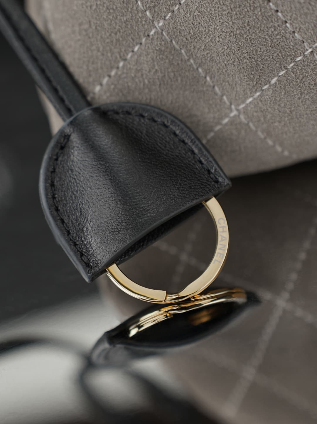 Chanel Clutch with Leather Strap grey quilted suede & Gold-tone Metal AP5228 A