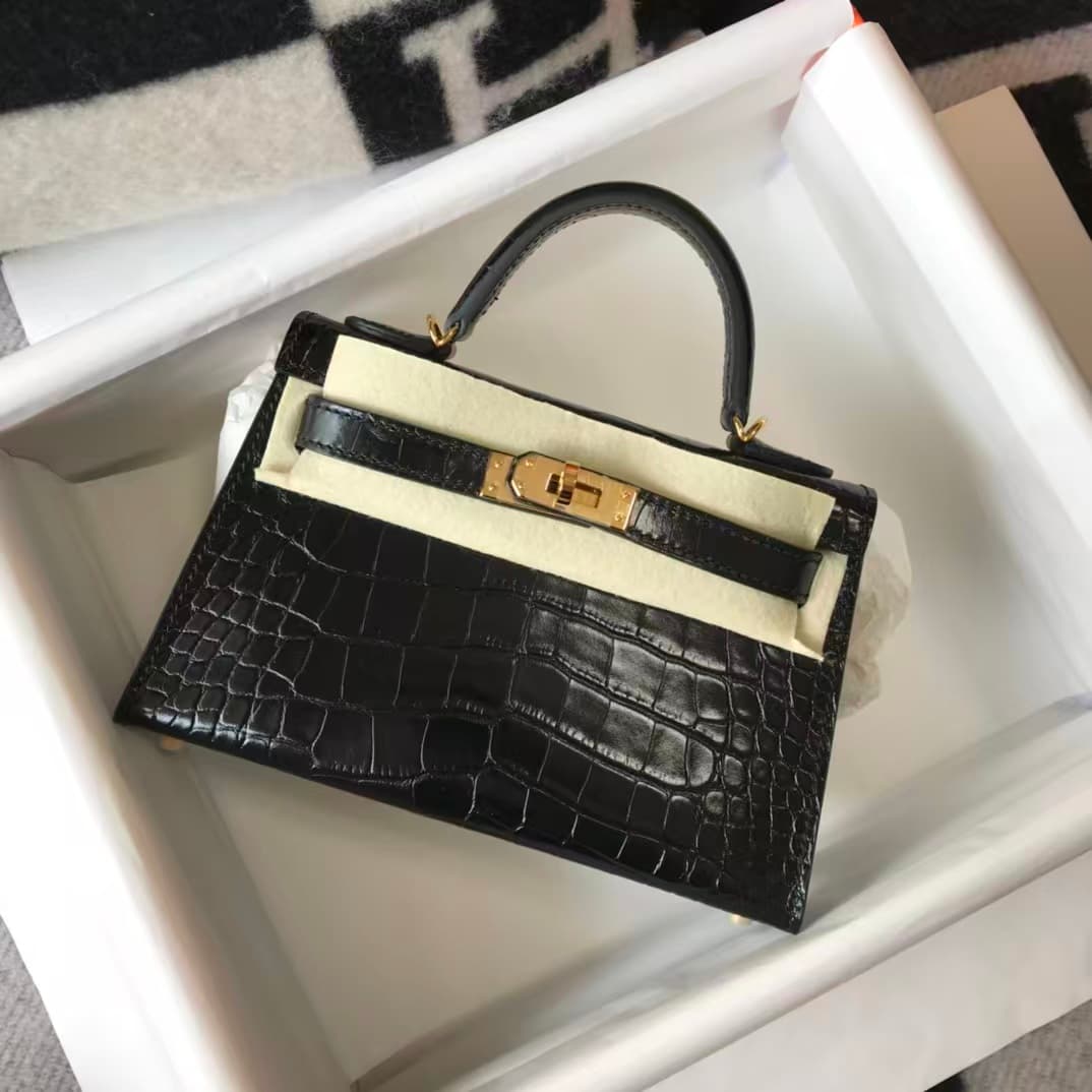 Hermes Kelly Mini II Bag Embossed Crocodile Leather WAX Silver/Gold Metal High Customizing style