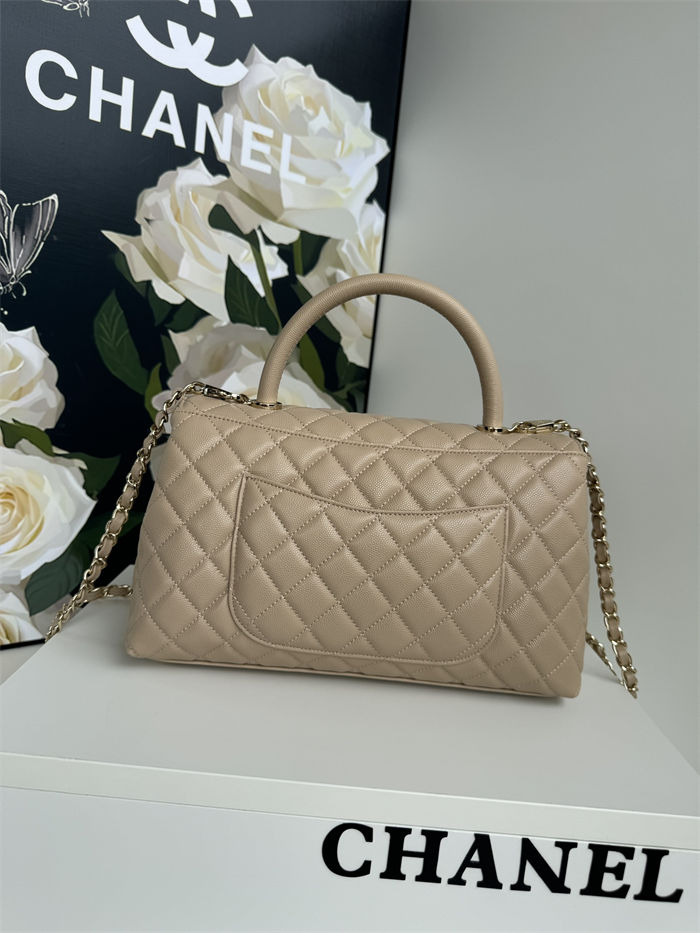 Medium FLAP BAG WITH TOP HANDLE Grained Calfskin Beige-binding Gold Metal High