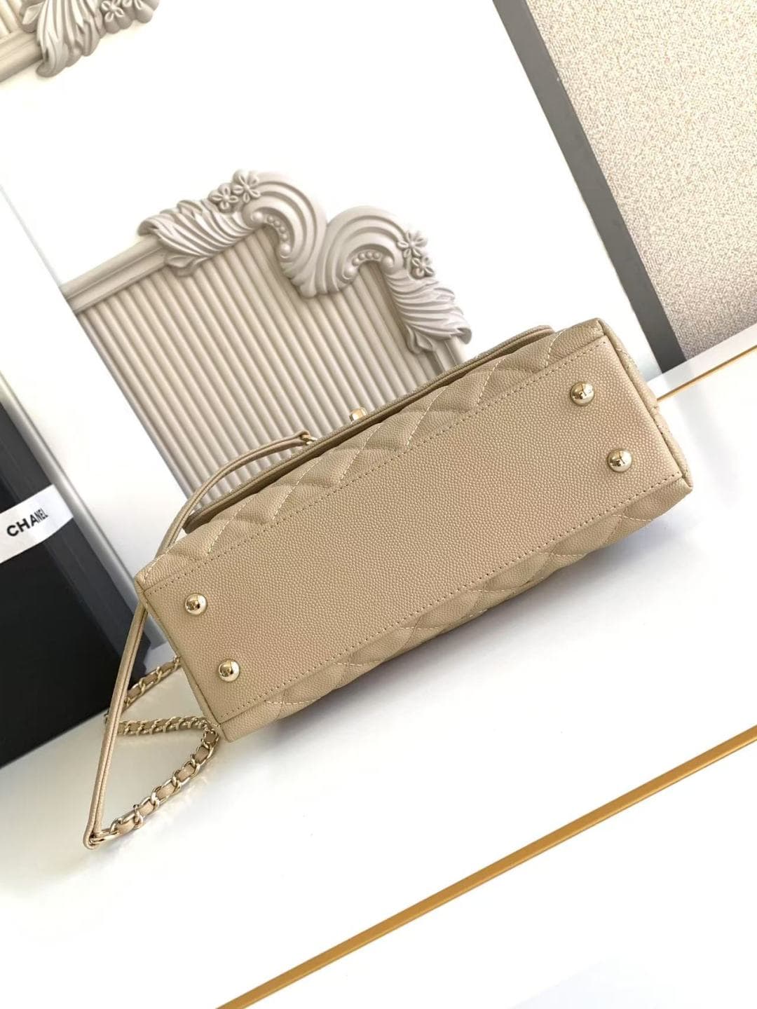 FLAP BAG WITH TOP HANDLE Grained Calfskin & Gold-Tone Metal A92990 Champagne Binding A