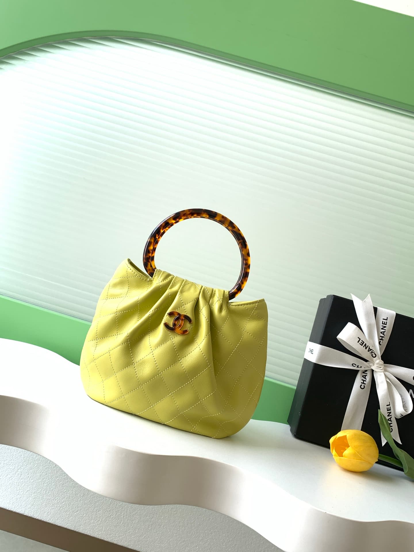 Chanel Small Hobo Bag Lambskin-Shell Effect Plexi & Gold-Tone Metal Yellow AS6022 High