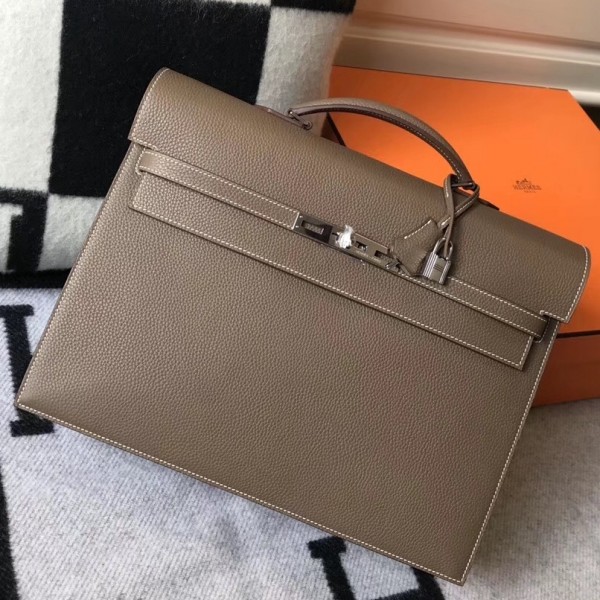Hermes Kelly Depeche 38 Briefcase In Etoupe Calfskin WAX High