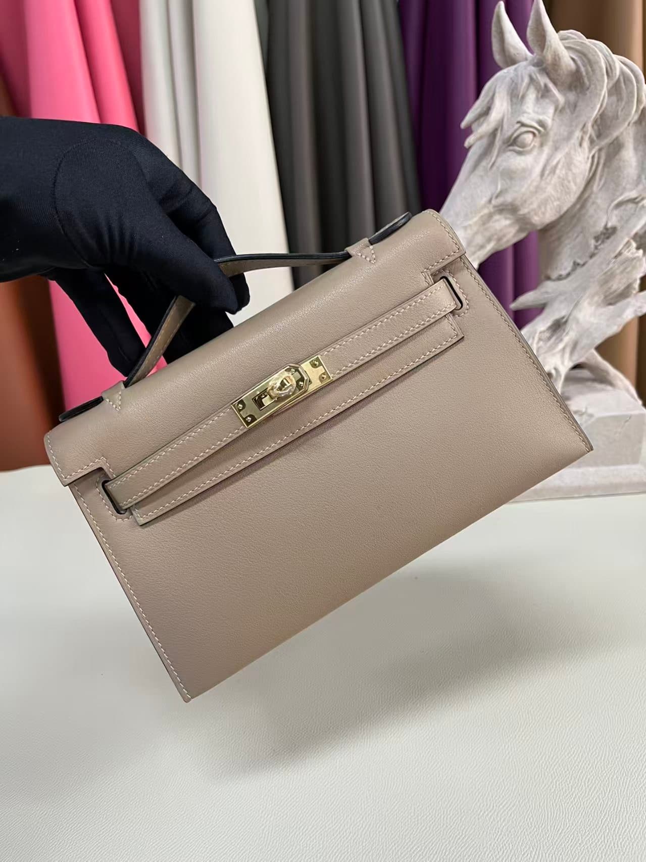 Hermes Kelly Pochette Bag Swift Leather Silver/Gold Metal WAX High