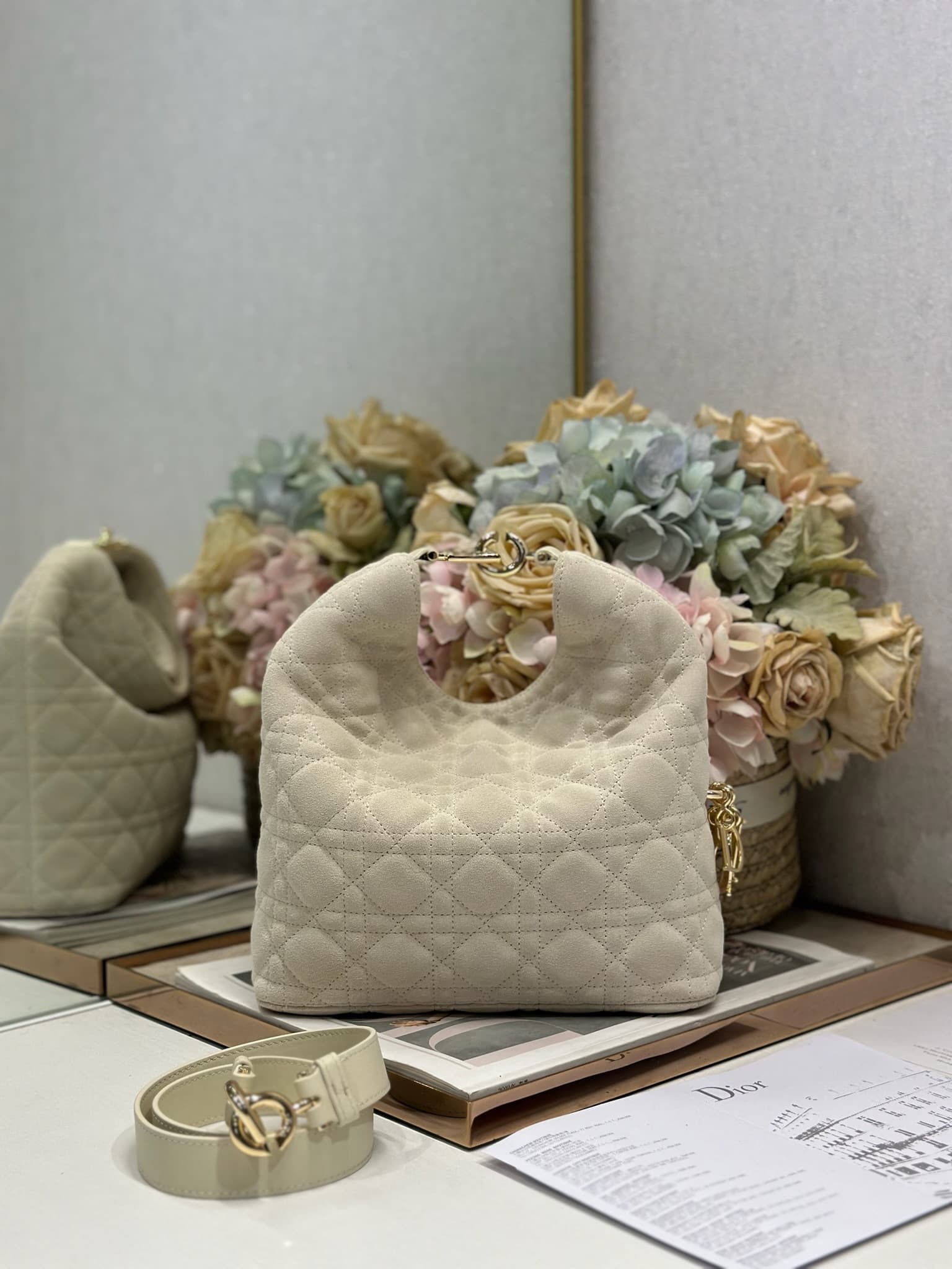 Dior Quilting Suede Handbag Beige High