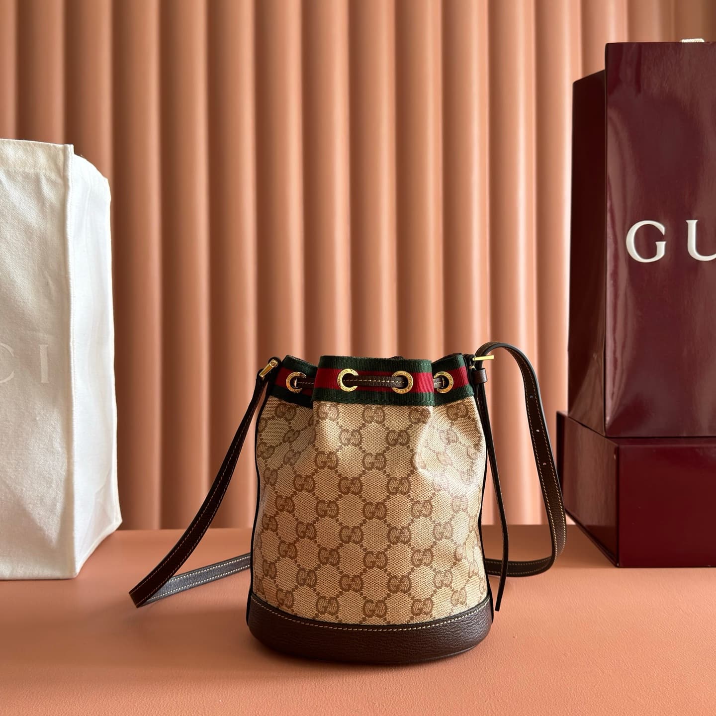 Gucci Venice small bucket bag Sand and dark brown GG coated canvas ‎A002GW High