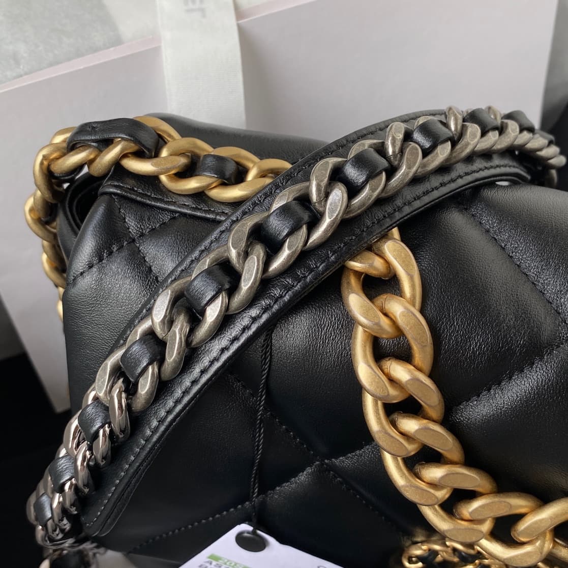 Chanel 19 Flap Bag  Lambskin Gold-Tone Silver-Tone & Ruthenium-Finish Metal Black