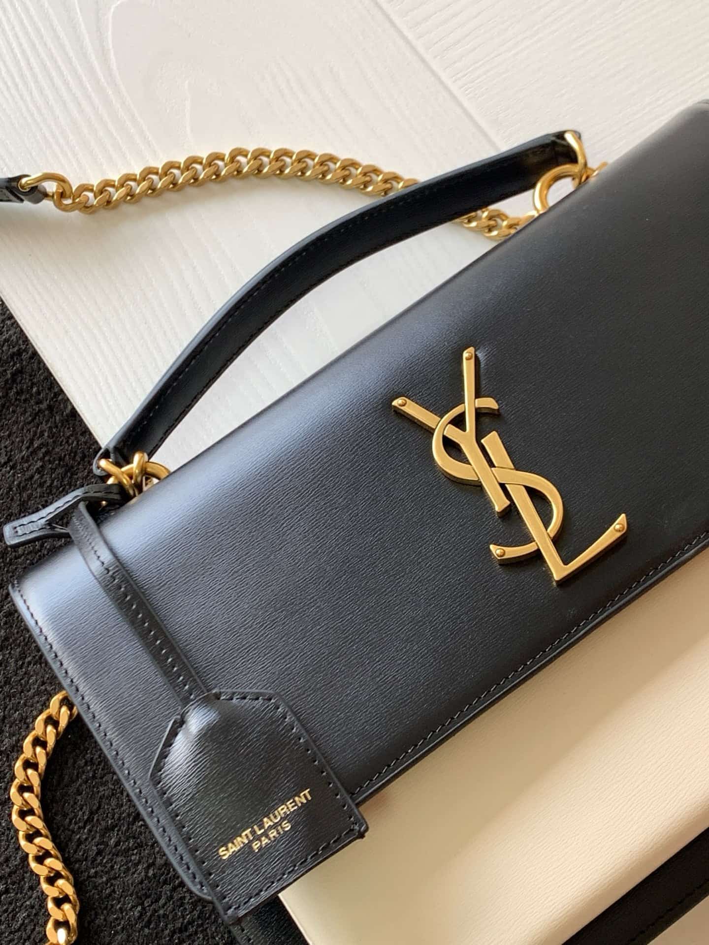 Saint Laurent Sunset Handle Bag Black and White Smooth  Leather 634723 High