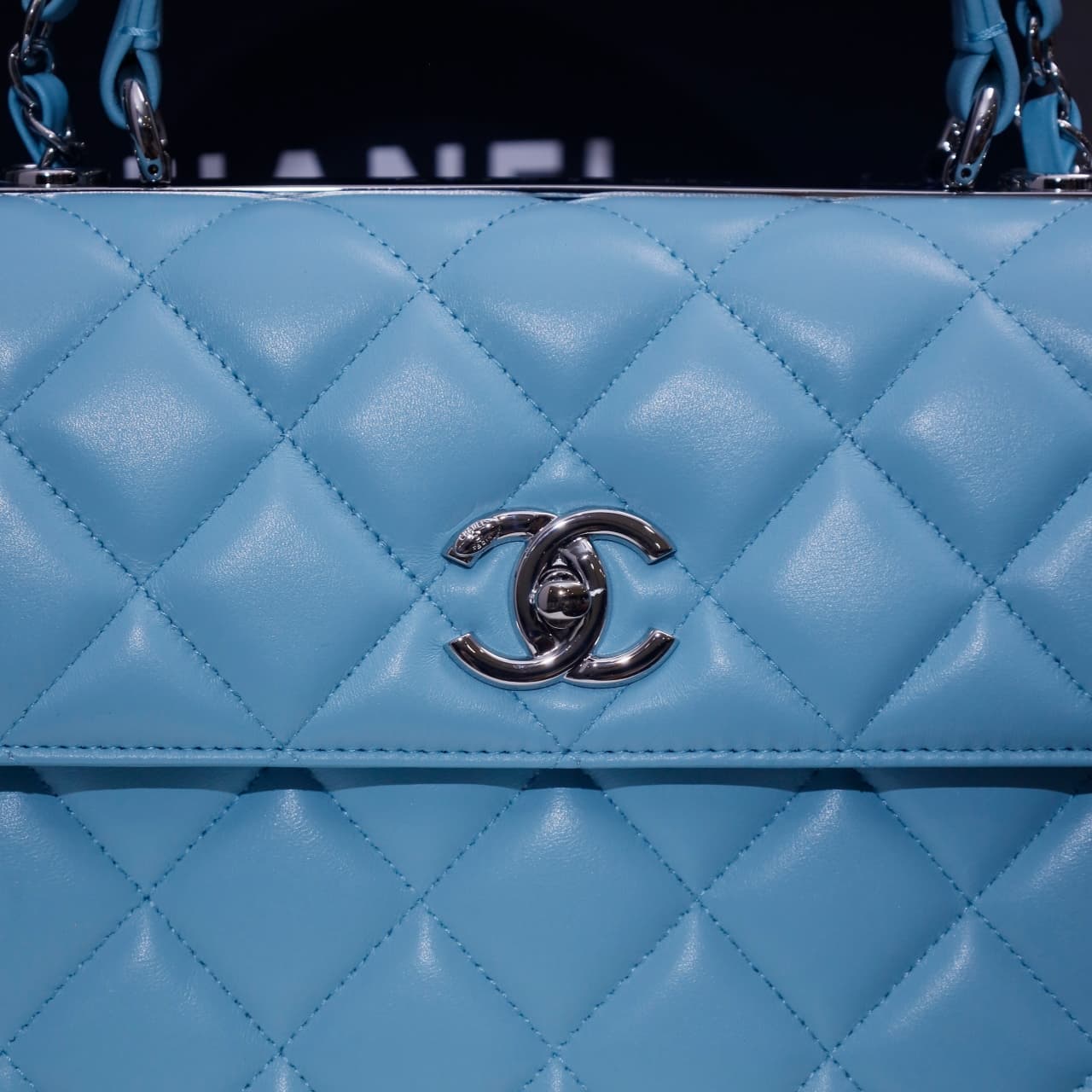 SMALL FLAP BAG WITH TOP HANDLE Lambskin Silver Metal Sky Blue A