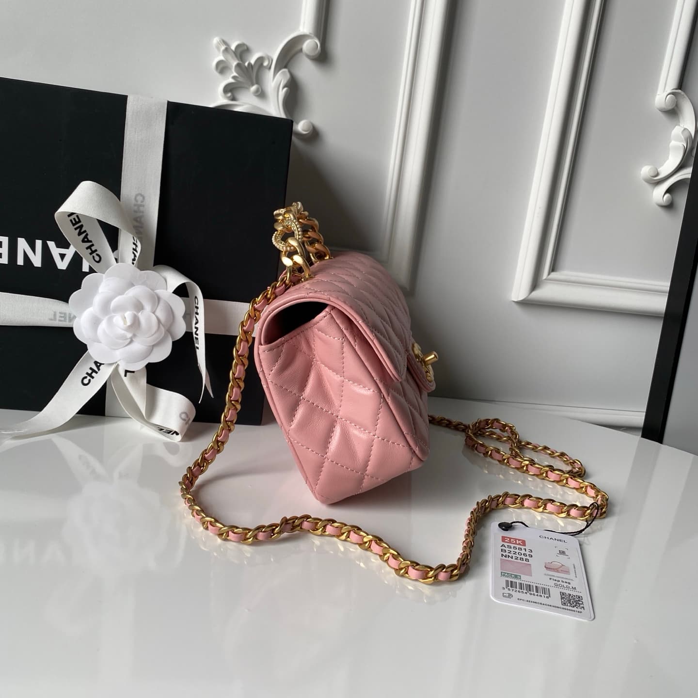 Chanel Mini Flap Bag with Top Handle Lambskin& Gold-tone Metal Light Pink AS5814 A
