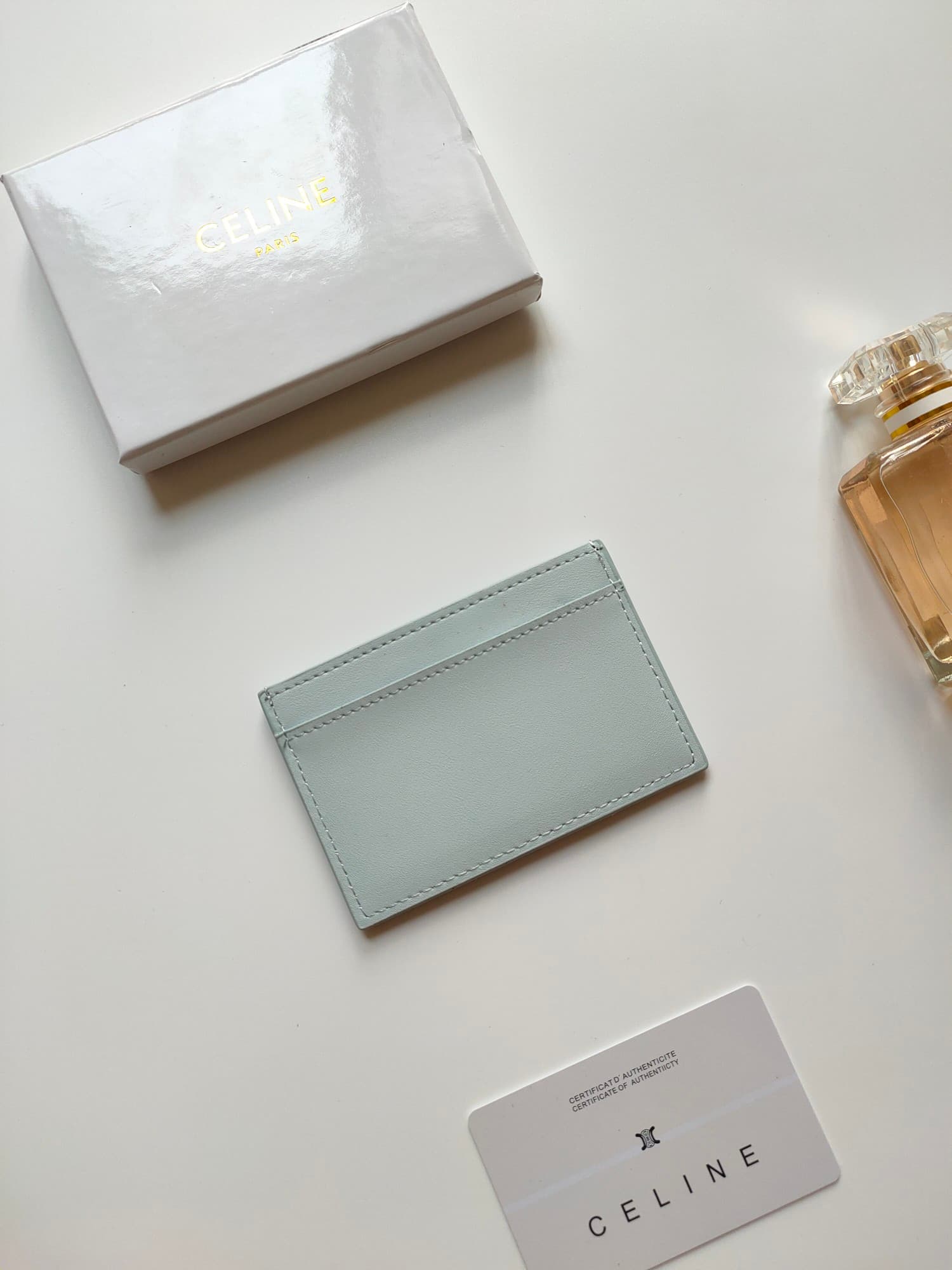Celine Triomphe card holder in light green shiny calfskin leather 10B703 High